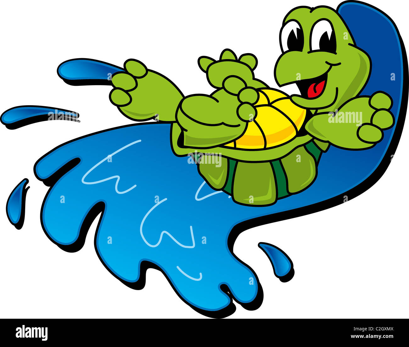 Cartoon Turtle cavalcare un onda Foto Stock