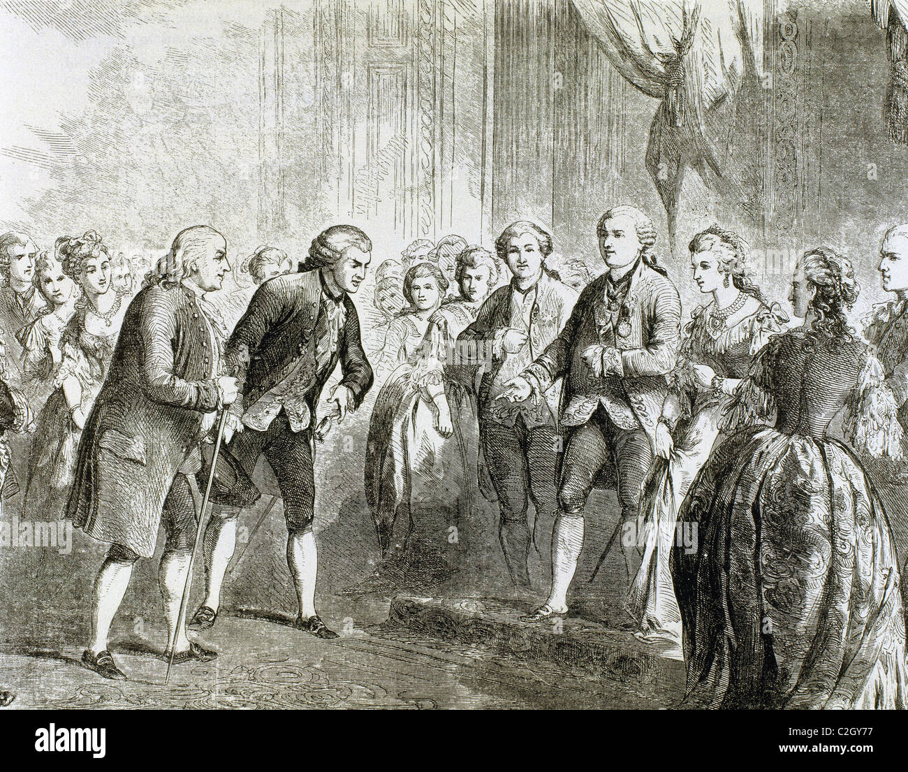 Franklin, Benjamin (1706-1790). Statista e scienziato. Franklin a Luigi XVI e Maria Antonietta. Parigi. Incisione. Foto Stock