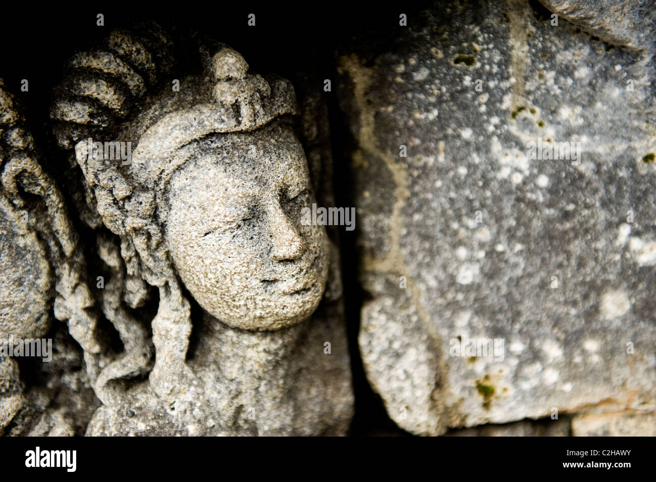 Scultura in pietra al grande monumento buddista di Borobudur, vicino a Yogyakarta, Java, Indonesia, del Sud Est asiatico Foto Stock