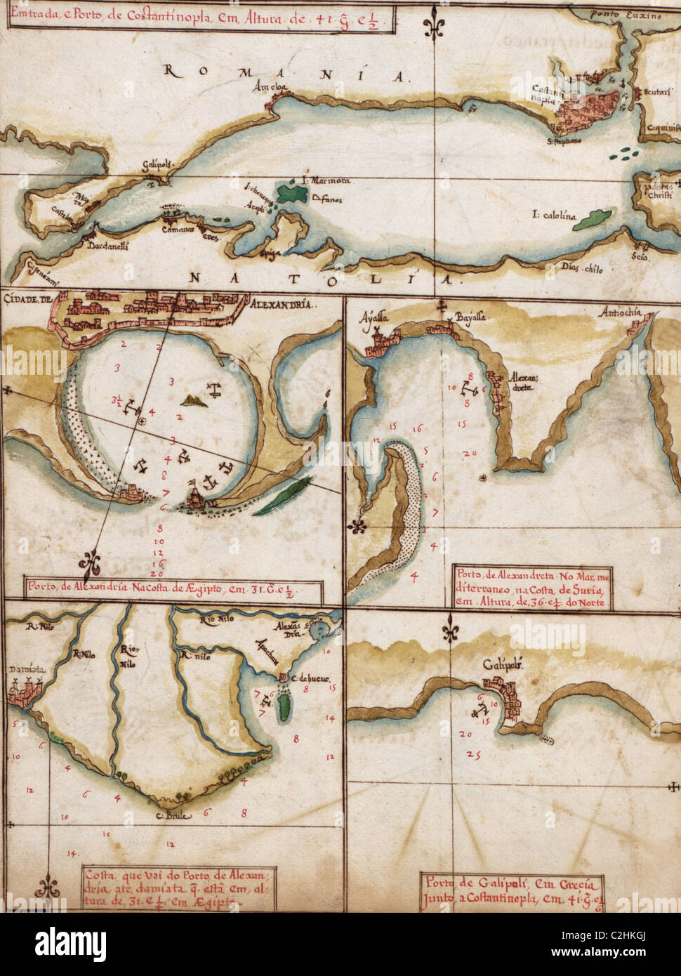 Il portoghese le mappe della Turchia e il porto di Alessandria - 1630 Foto Stock