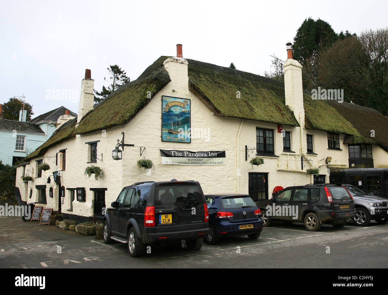 Il XIII secolo Pandora Inn at Restronguet Creek, Cornwall, West Country, England, Regno Unito Foto Stock