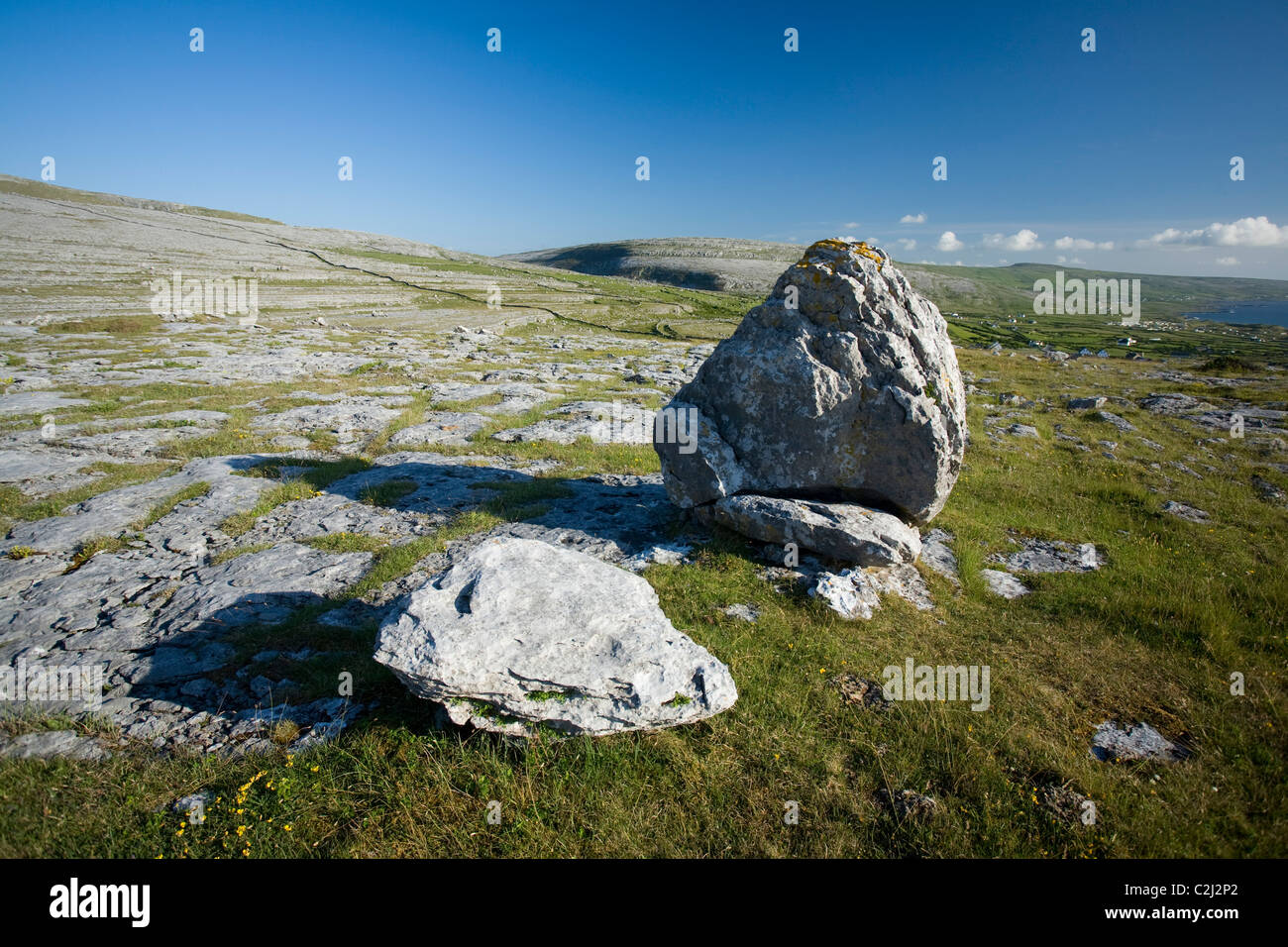 Pavimentazione di pietra calcarea e glaciale massi erratici in The Burren, County Clare, Irlanda. Foto Stock