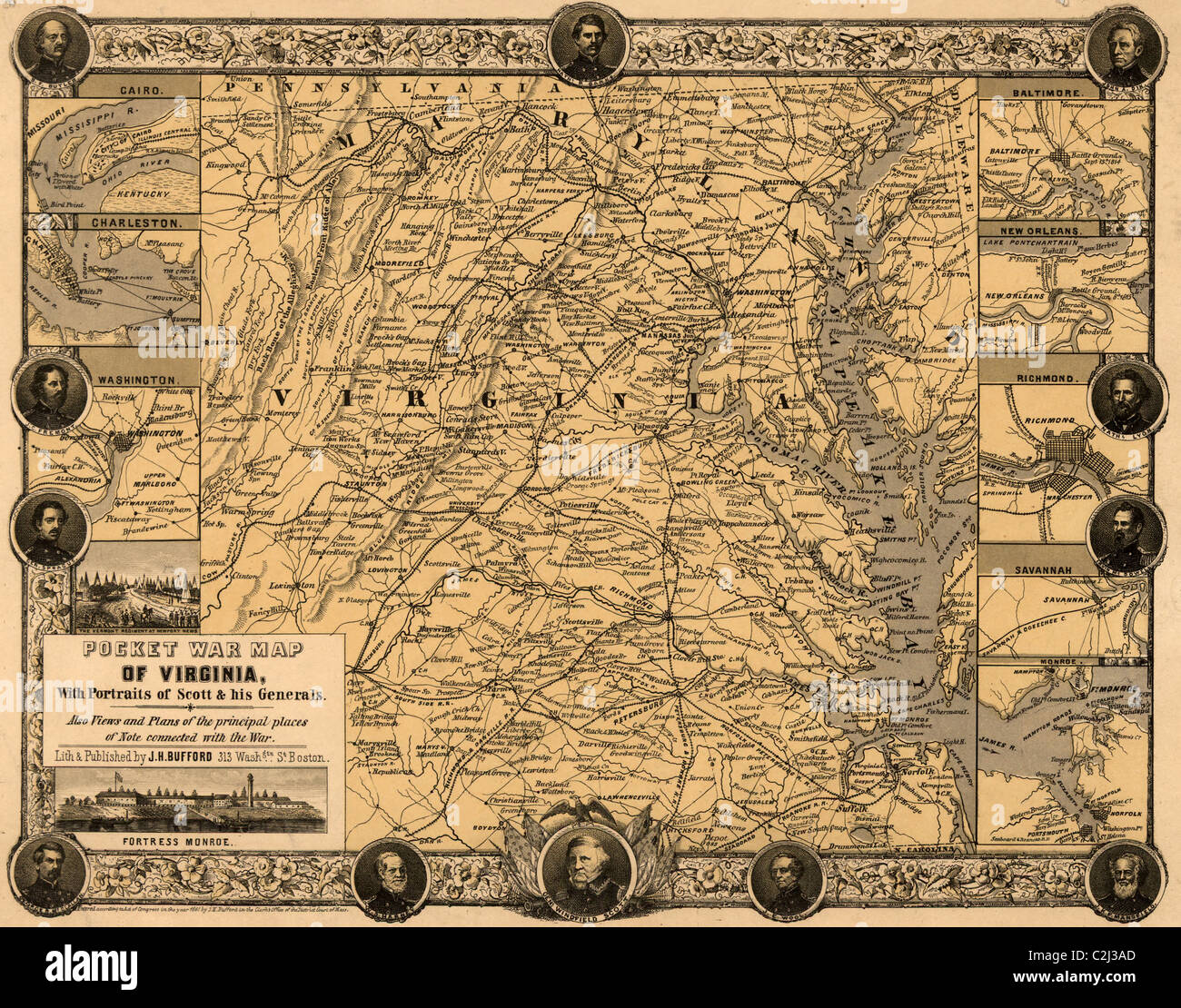 Pocket war map della Virginia, con ritratti di Scott & suoi generali. Foto Stock