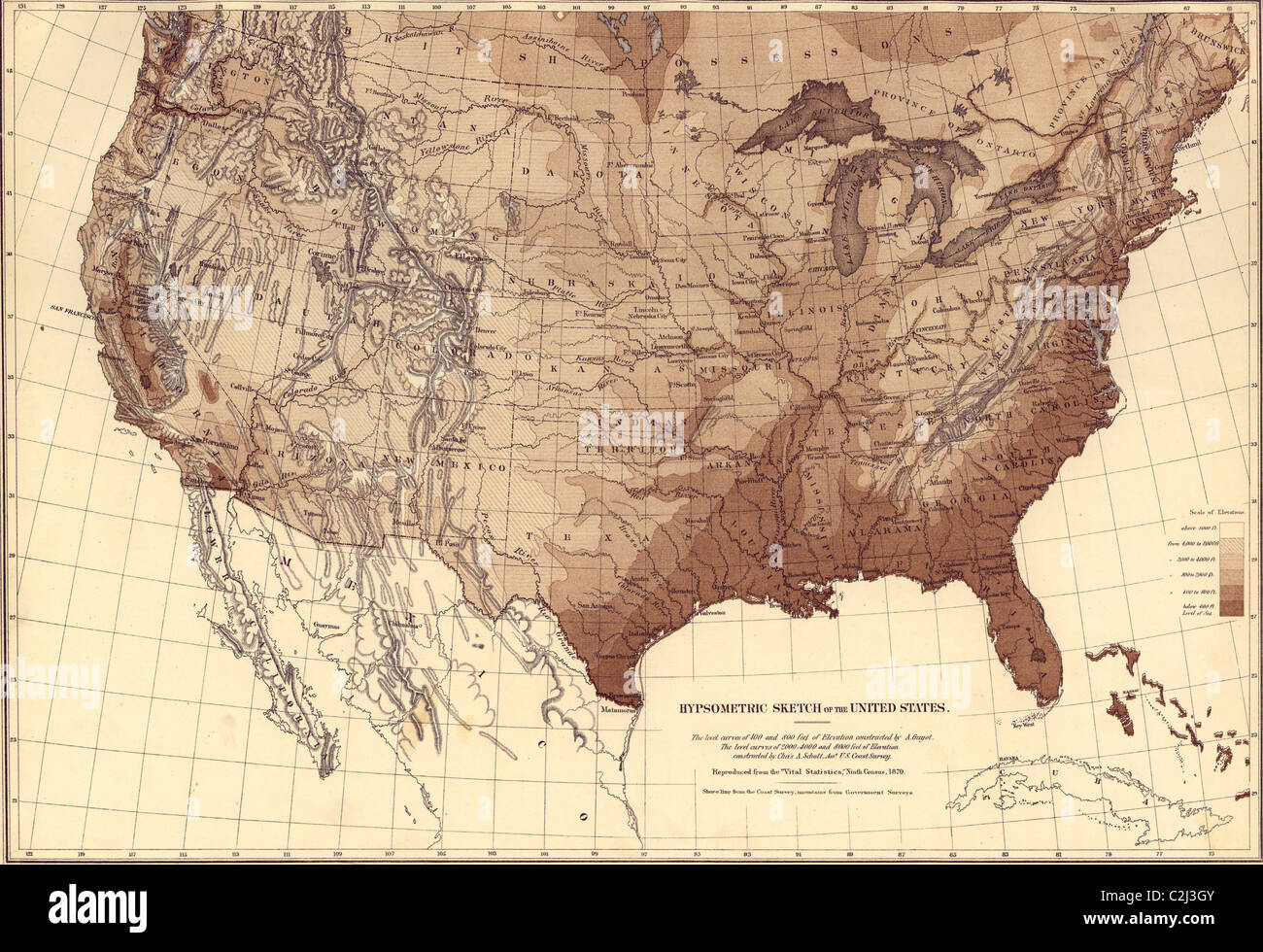 Elevazione di Stati Uniti continentali - 1870 Foto Stock