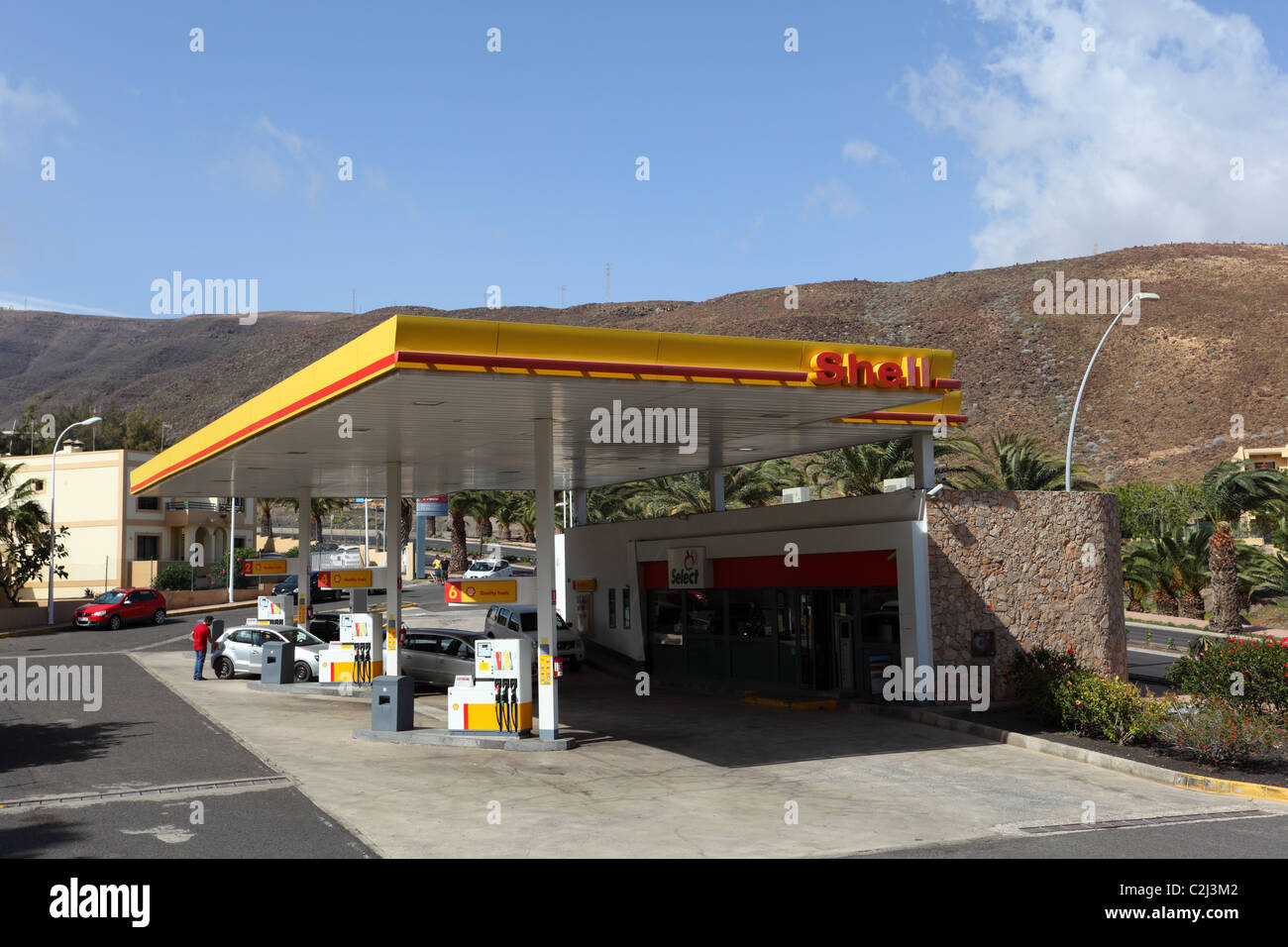 Stazione di rifornimento Shell, in Jandia Playa, Isole Canarie Fuerteventura, Spagna. Foto Stock