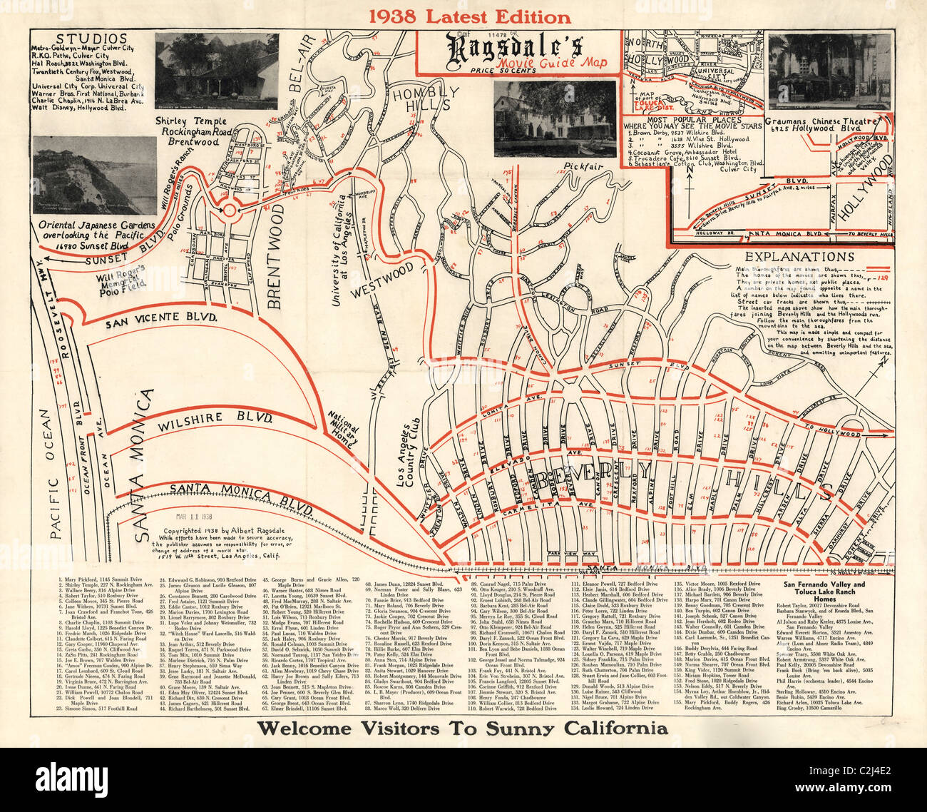 La guida di film Mappa di Hollywood - 1938 Foto Stock