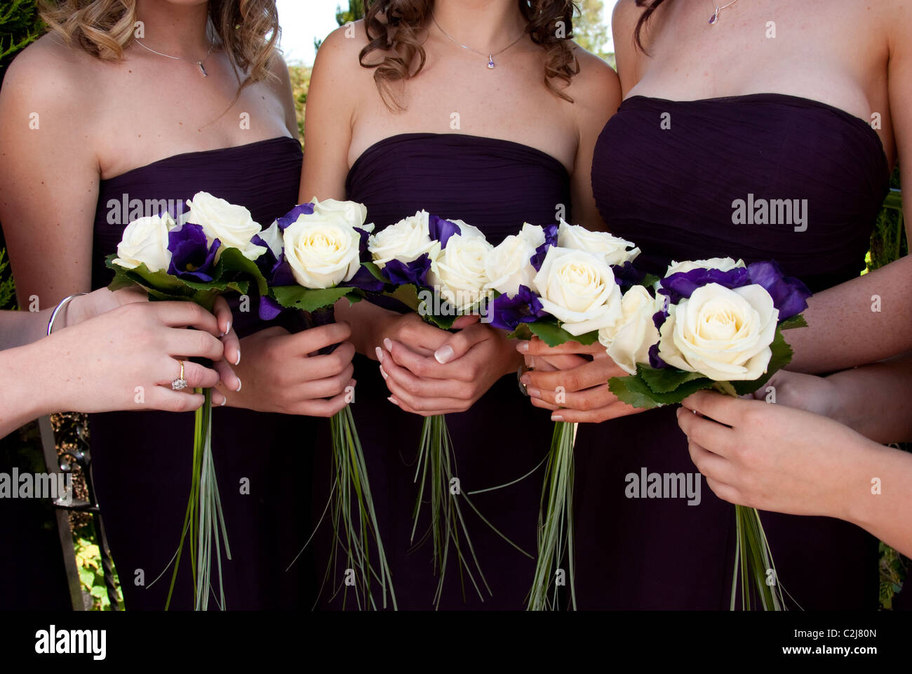 Bridesmaids holding viola e bianco mazzi Foto Stock