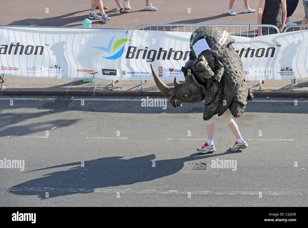 Runner che indossa un costume Rhino sta per completare la Maratona di Brighton 2011 UK Foto Stock