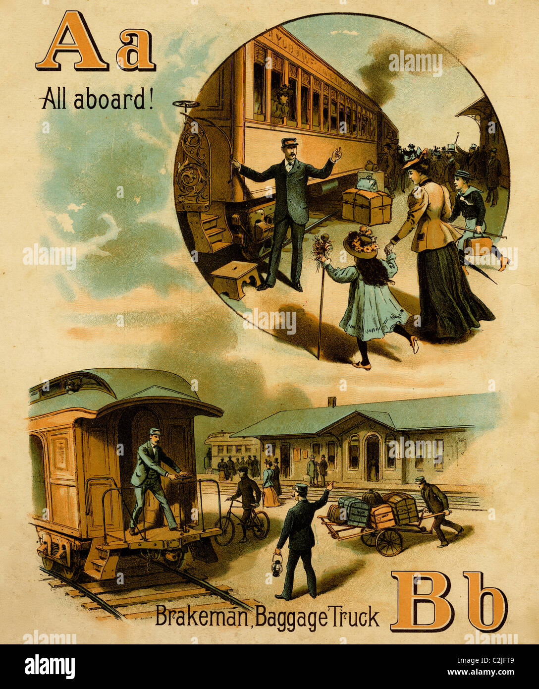 Ferrovia ABC - una per 'Tutti a bordo dell' & B Per Brakeman & bagaglio carrello Foto Stock