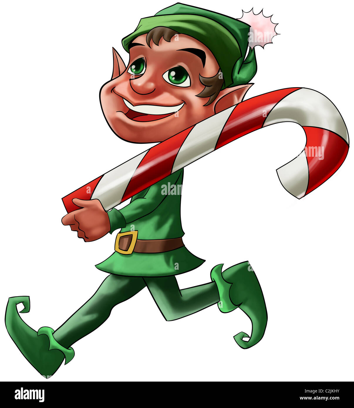 Sorridente elf natale a piedi con un grande candy Foto Stock