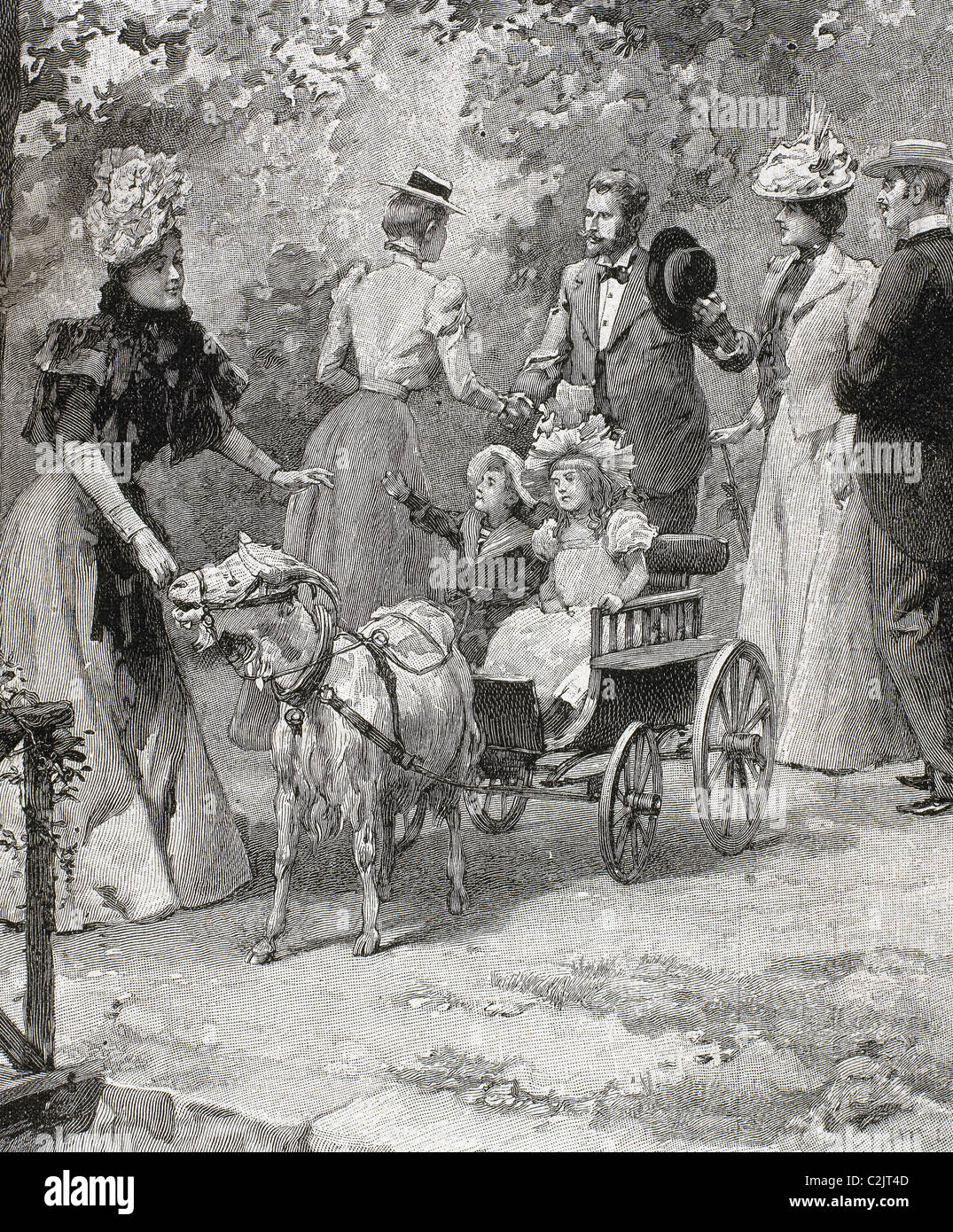 La borghesia. Il messaggio di saluto della famiglia in un parco. Incisione del 1900. Foto Stock