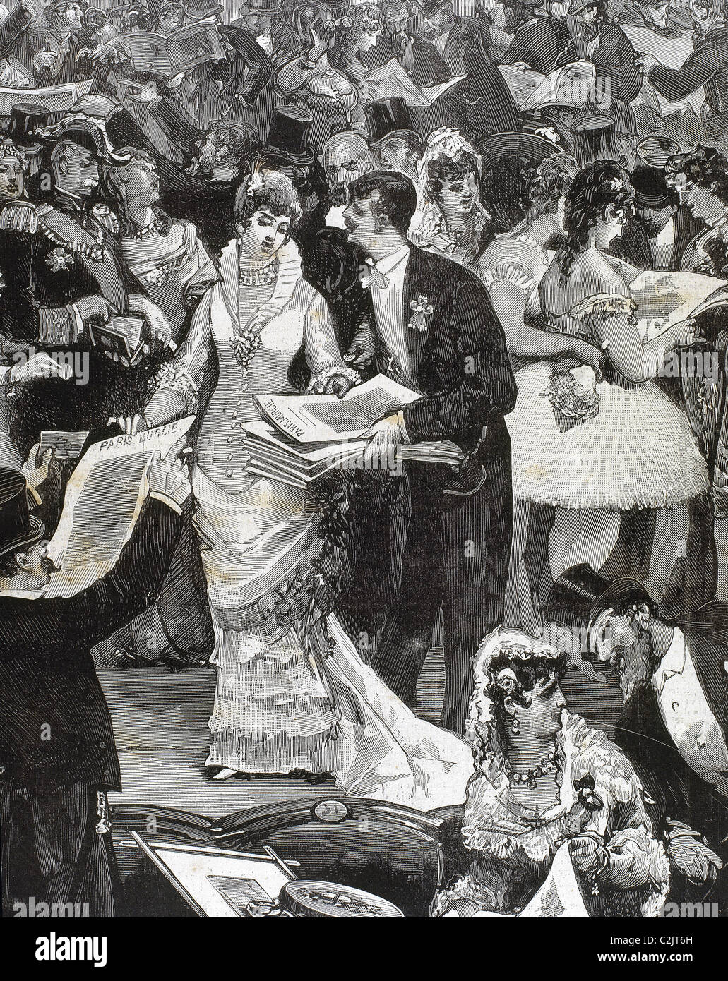 La vendita di quotidiano 'Paris-Murcie' nell'ippodromo di Madrid. Diciannovesimo secolo incisione. Foto Stock