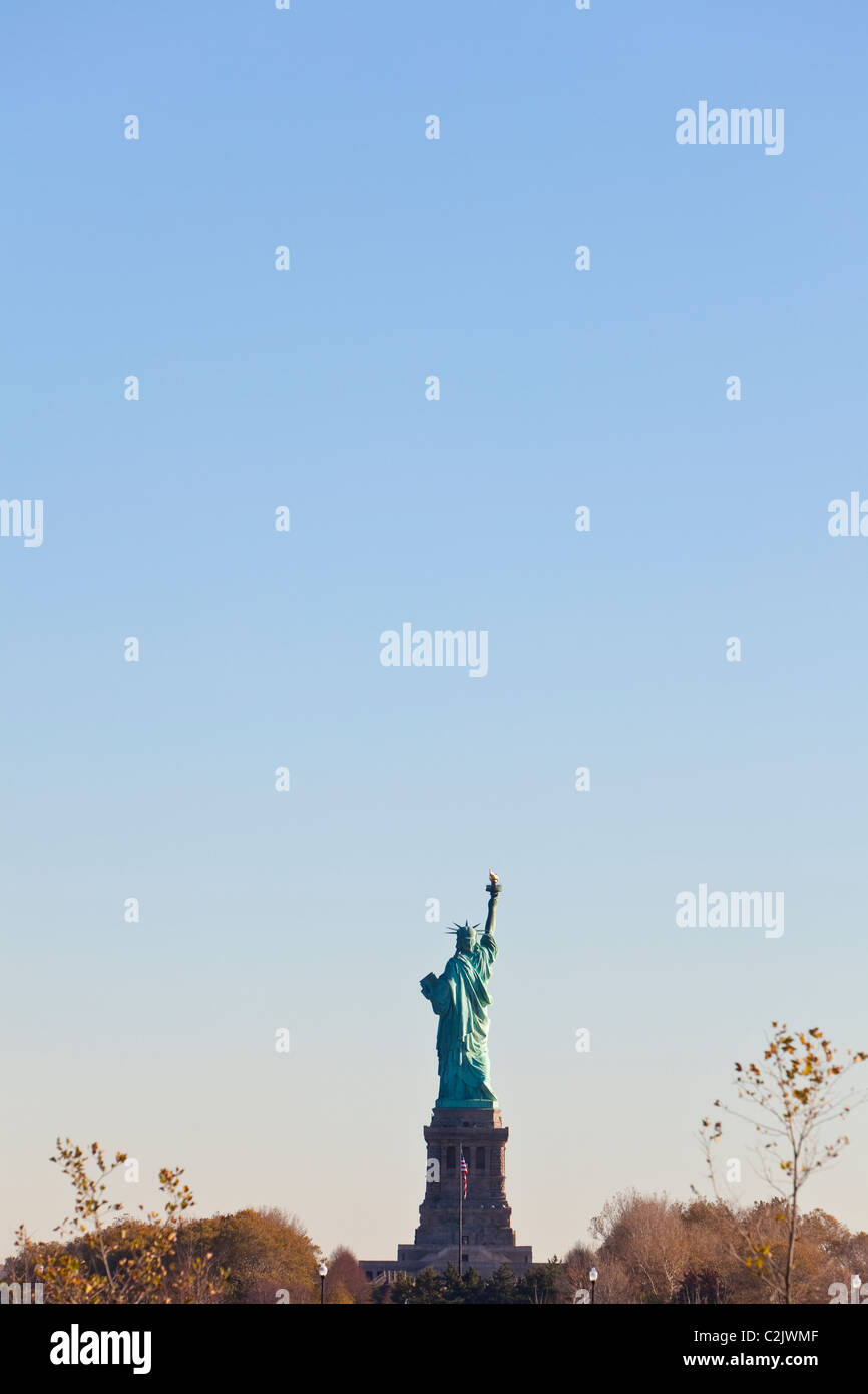 La Statua della Libertà di New York City, Stati Uniti d'America con le stelle e strisce di bandiera in primo piano Foto Stock