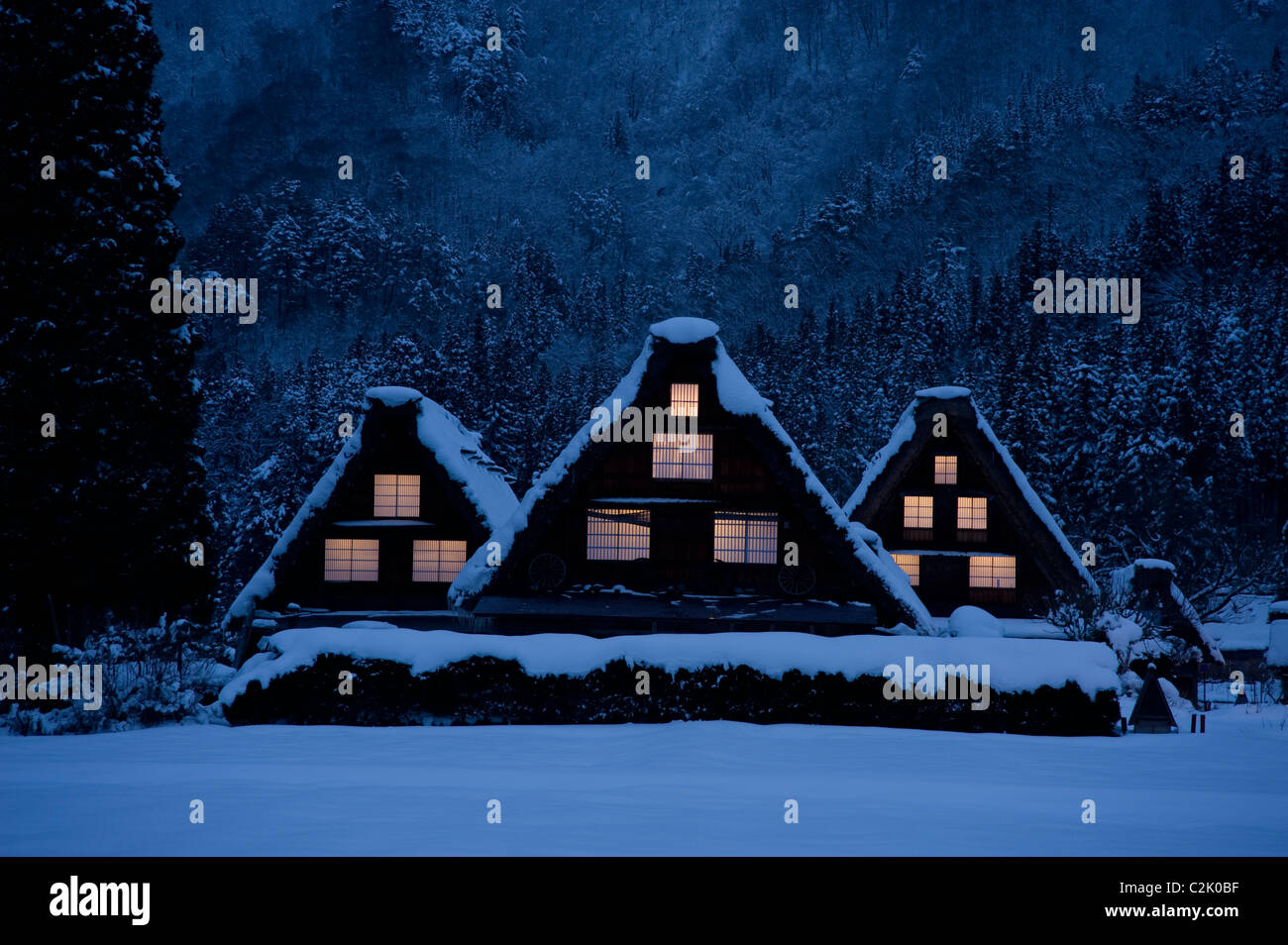 Snowscape di Shirakawa-go di notte, Shirakawa, Ono, Gifu, Giappone Foto Stock