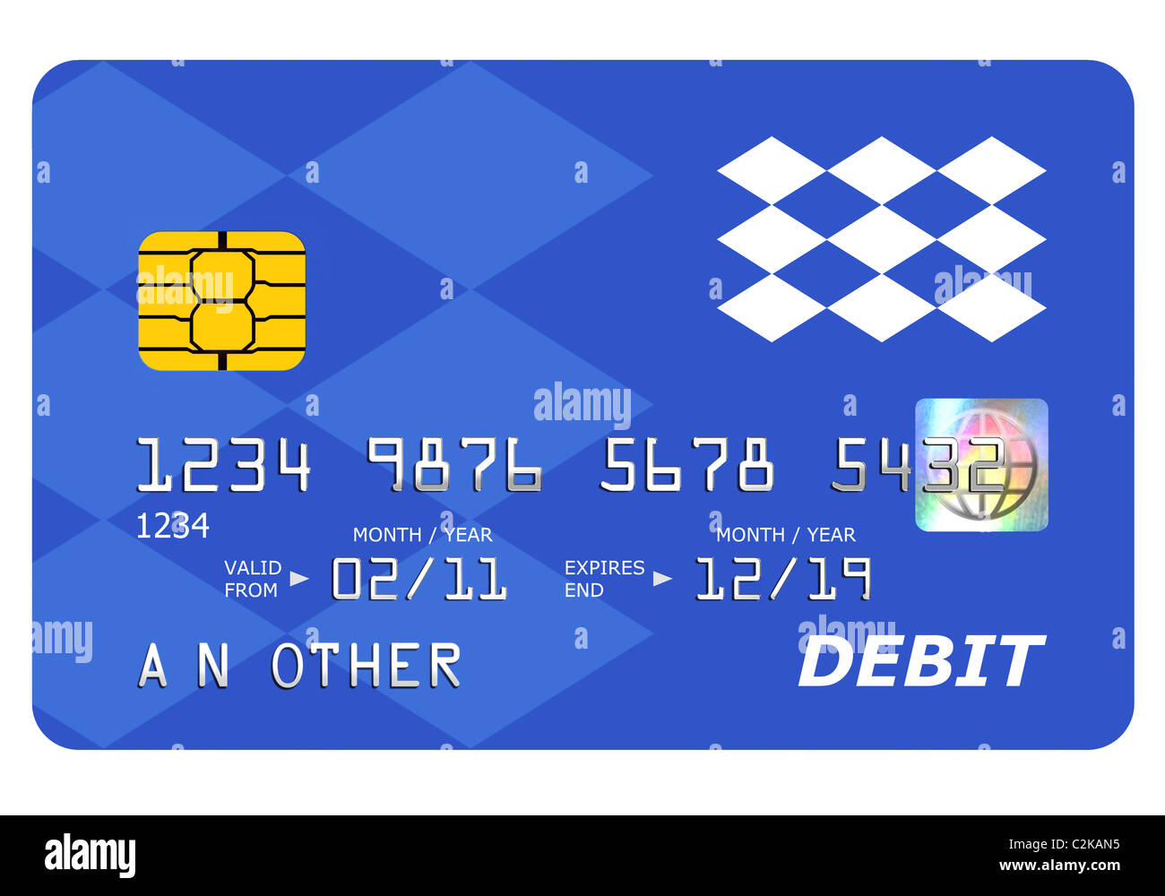 Tutto ciò che è presente su una simulazione di una carta di debito tra cui l'ologramma è stato progettato da me, il numero e il nome è generico. Foto Stock