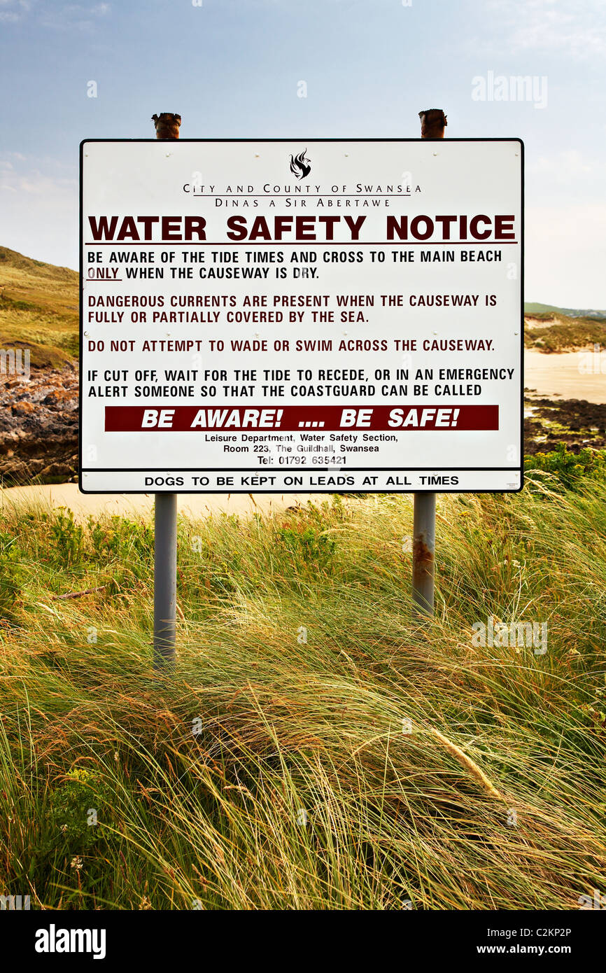Sicurezza dell'acqua Avviso, Burry isolotti, Gower, Galles Foto Stock