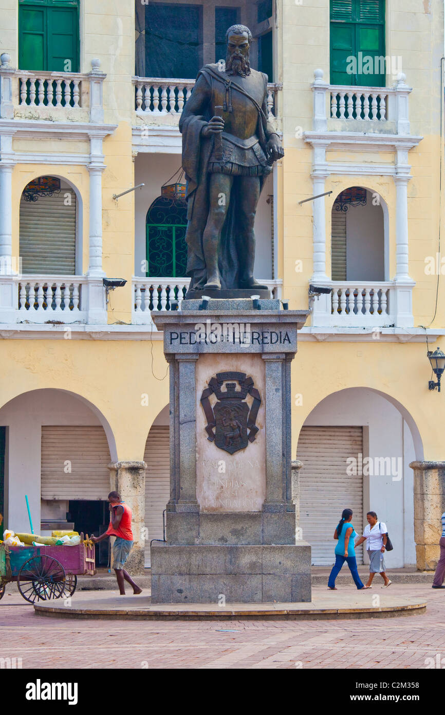 Statua del fondatore della città, Pedro de Heredia a Cartagena, Colombia Foto Stock