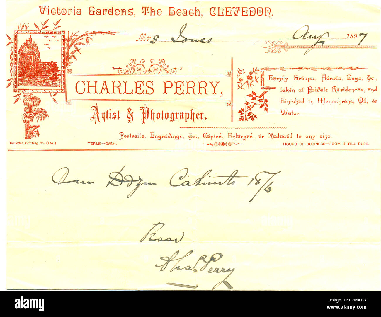 Billhead per Clevedon artista e fotografo Charles Perry Foto Stock