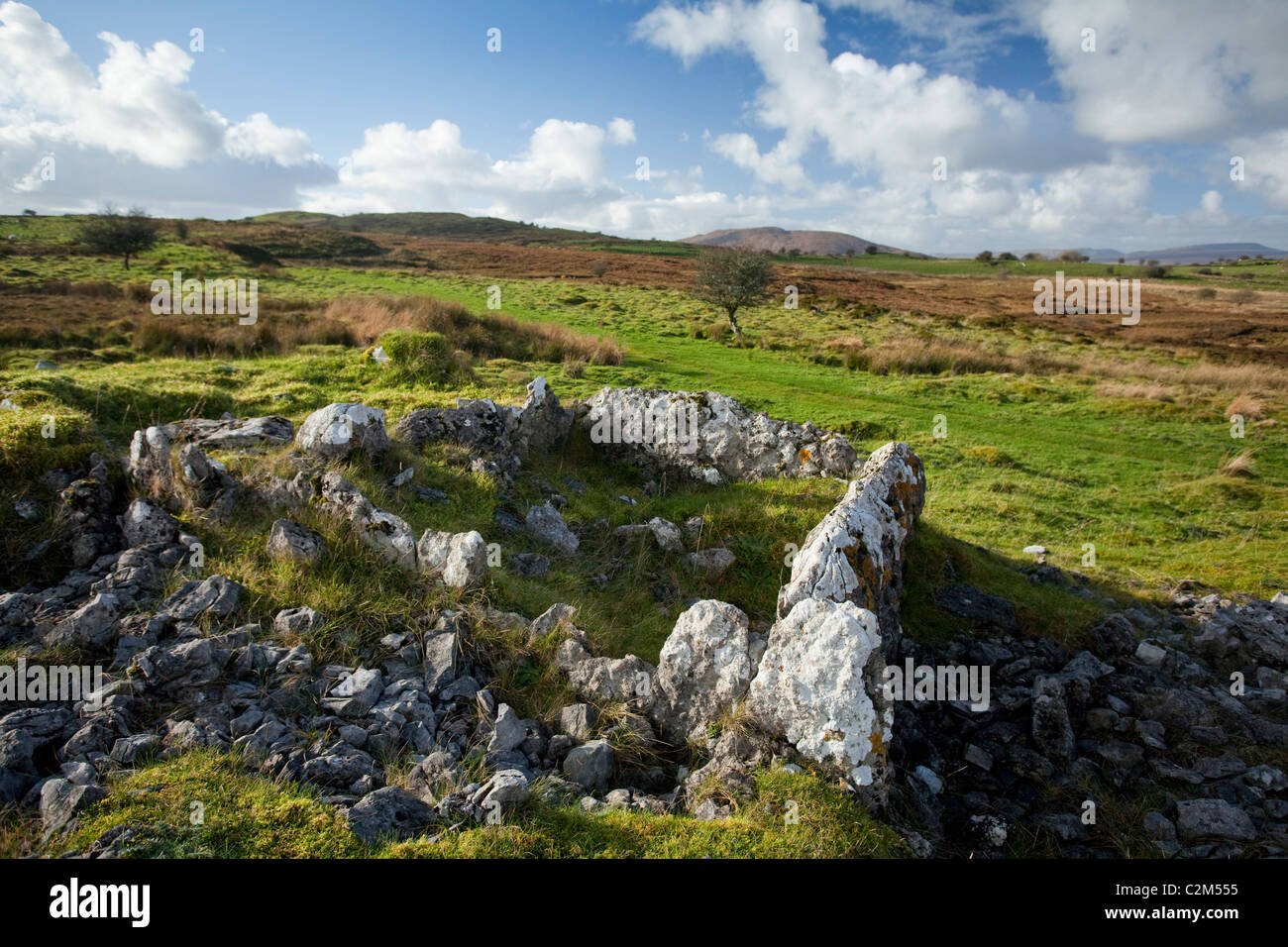 Tomba megalitica sul loop Tullyskeherny a piedi, nella Contea di Leitrim, Irlanda. Foto Stock