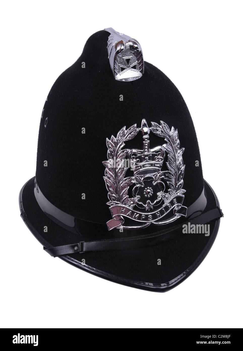 Una polizia britannica degli officer di casco custode badged a Hampshire Constabulary. Foto Stock