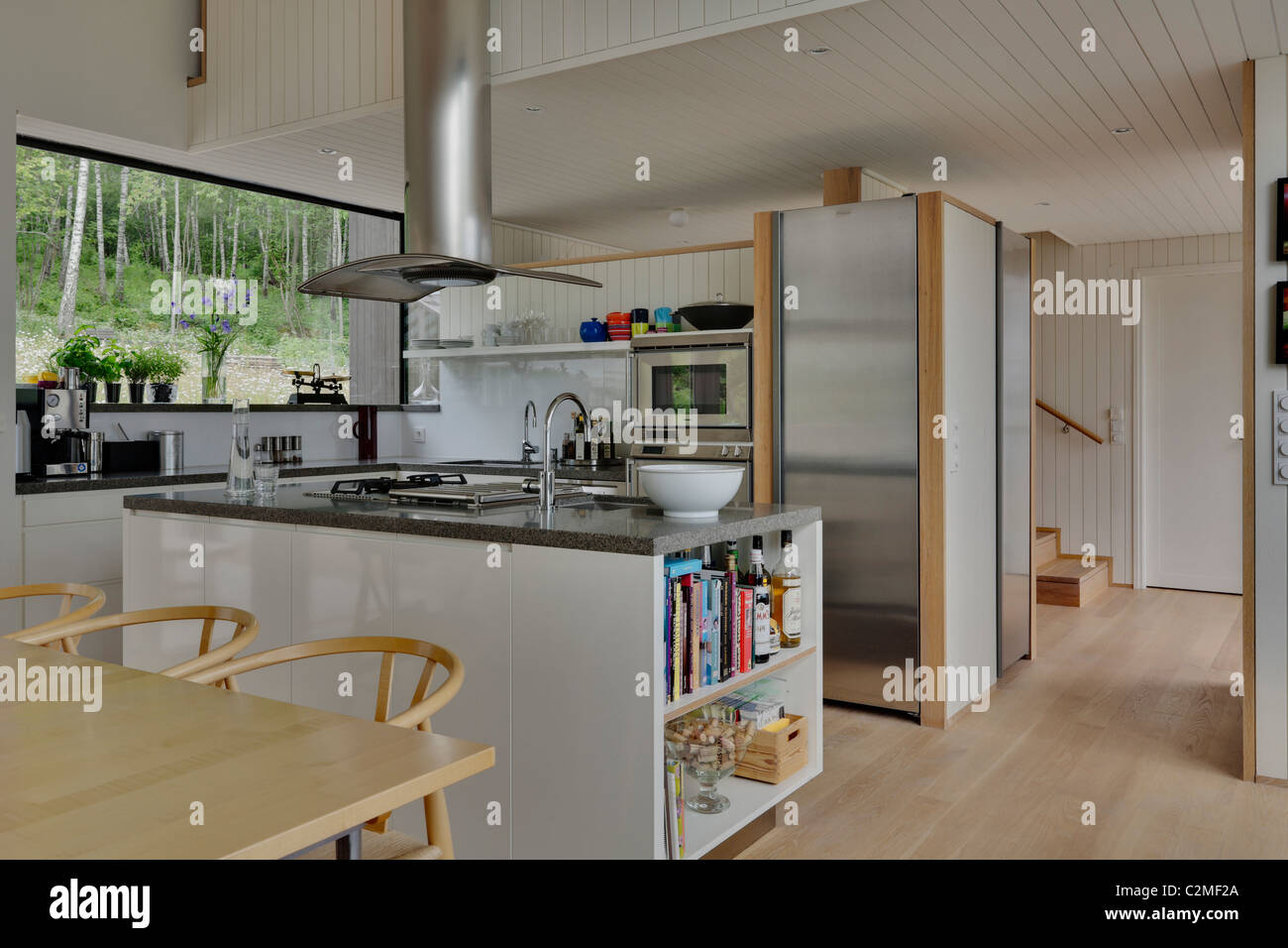 Moderna cucina a isola con acciaio inox cappa e vista di boschi Foto Stock
