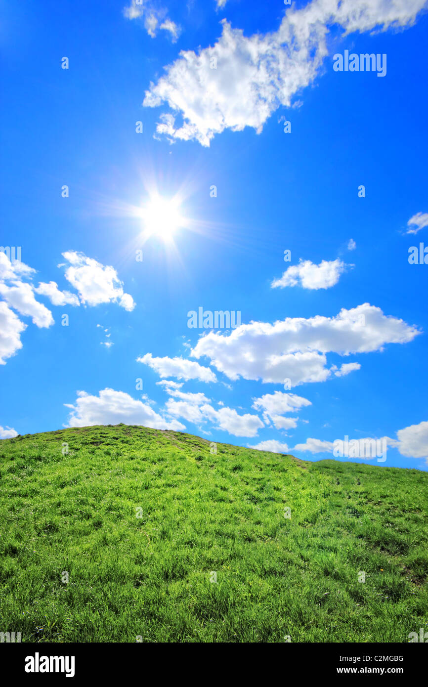 Verdi colline di erba sotto il sole di mezzogiorno nel cielo blu. Foto Stock