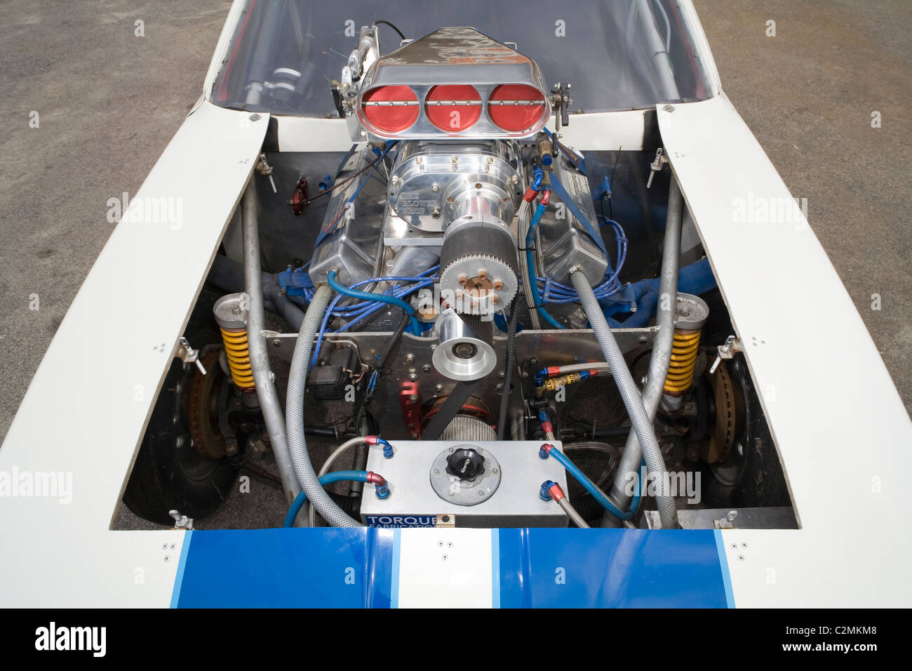 Grande capacità sovralimentato e il motore V8 in un drag racing car. Foto Stock