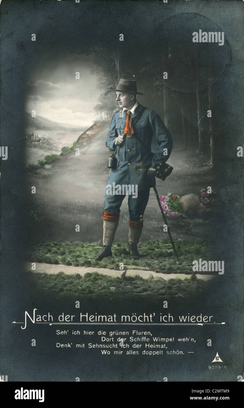 La vecchia cartolina tedesca con la foto di un uomo bavarese che manca la Patria. Foto Stock