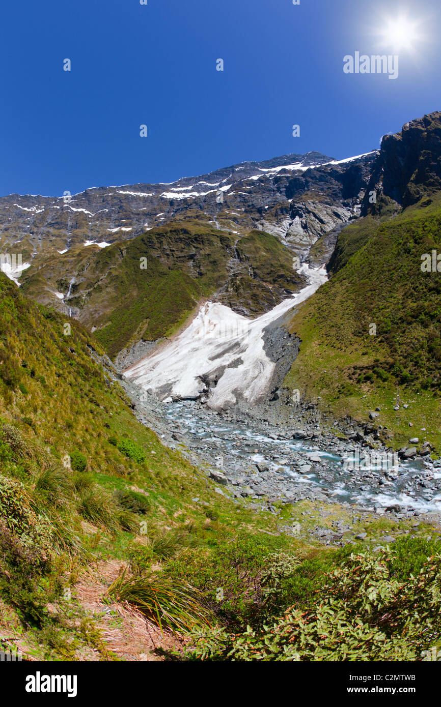 Vista del ruscello di montagna e neve melt correre verso il basso le montagne Foto Stock