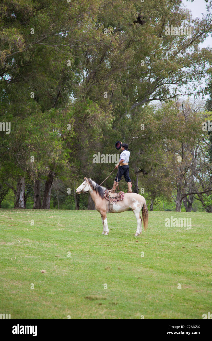 Gaucho dimostra la sua equitazione presso La Carabassa, Argentina Foto Stock