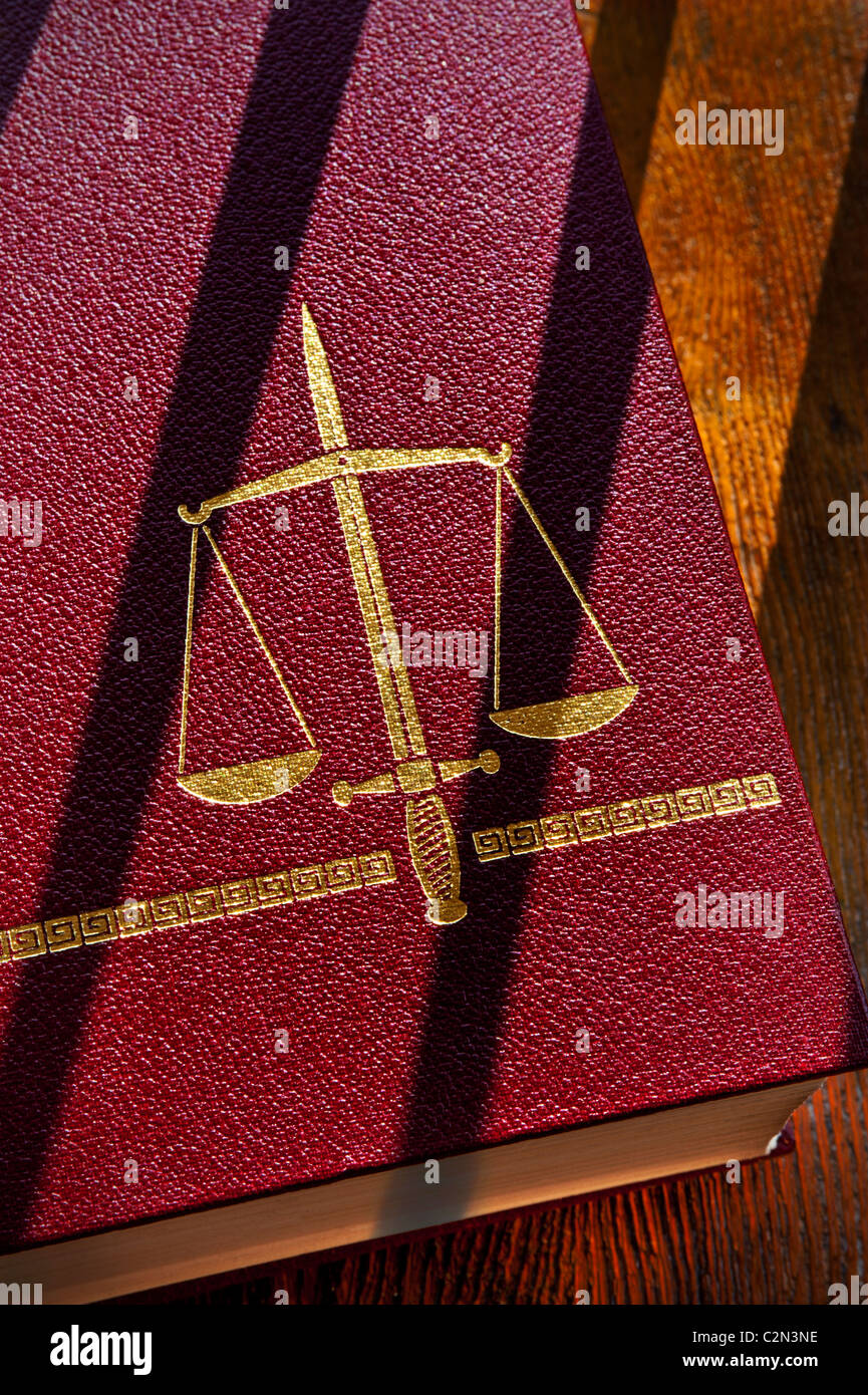 Sentenza tribunali carcere carcere Legal Court Concept leggi libro con scale di giustizia con doppio taglio spada motivo & ombre di prigione bar glancing Foto Stock