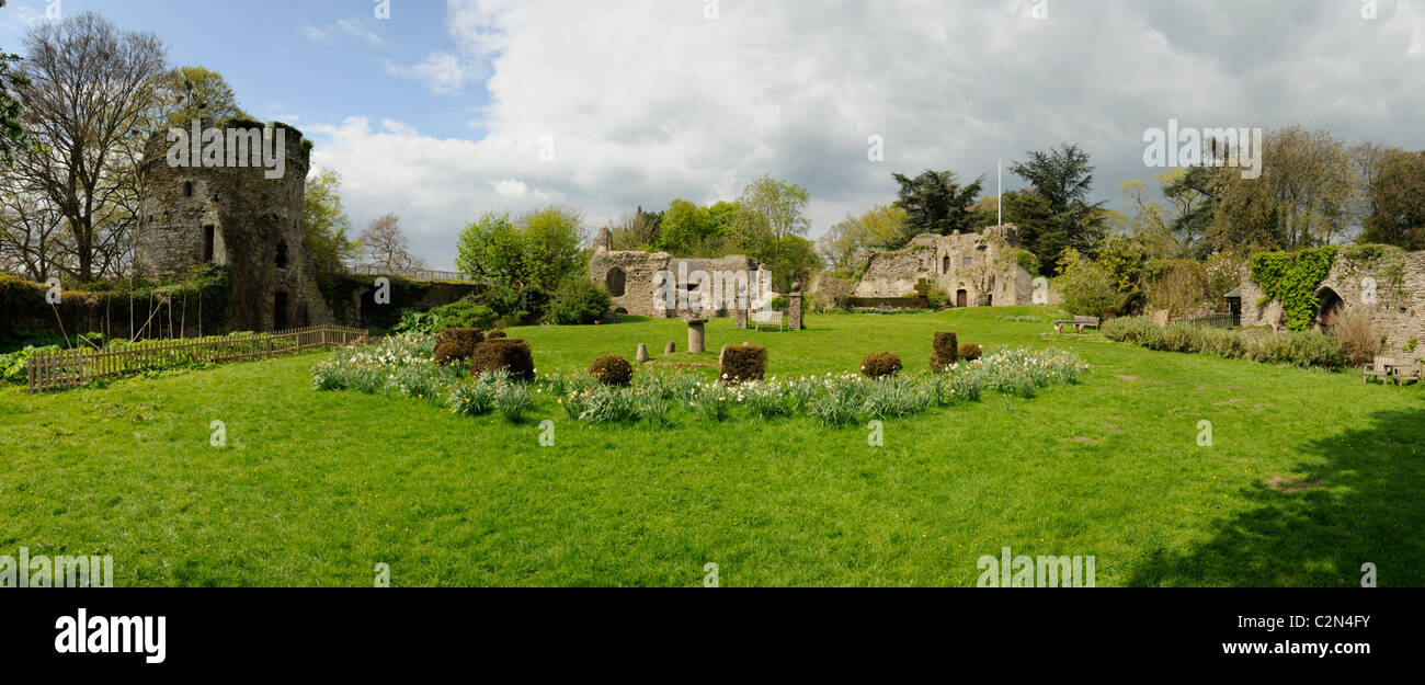 Un'immagine panoramica dei terreni all'interno del Castello di Usk nel Galles del Sud. Foto Stock