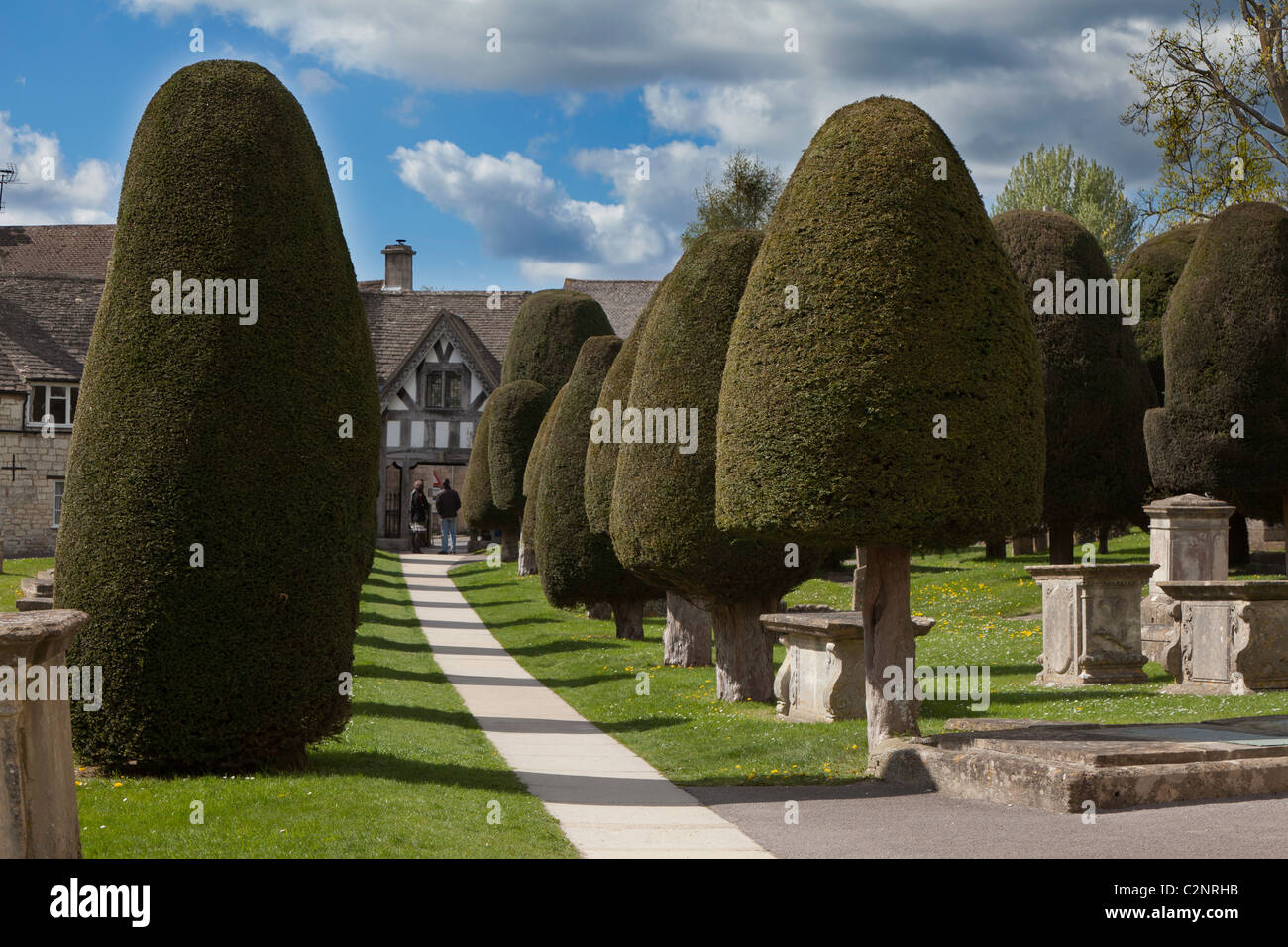 PAINSWICK chiesa cortile con alberi di tasso, THECOTSWOLDS,GLOUCESTERSHIRE England Regno Unito Foto Stock