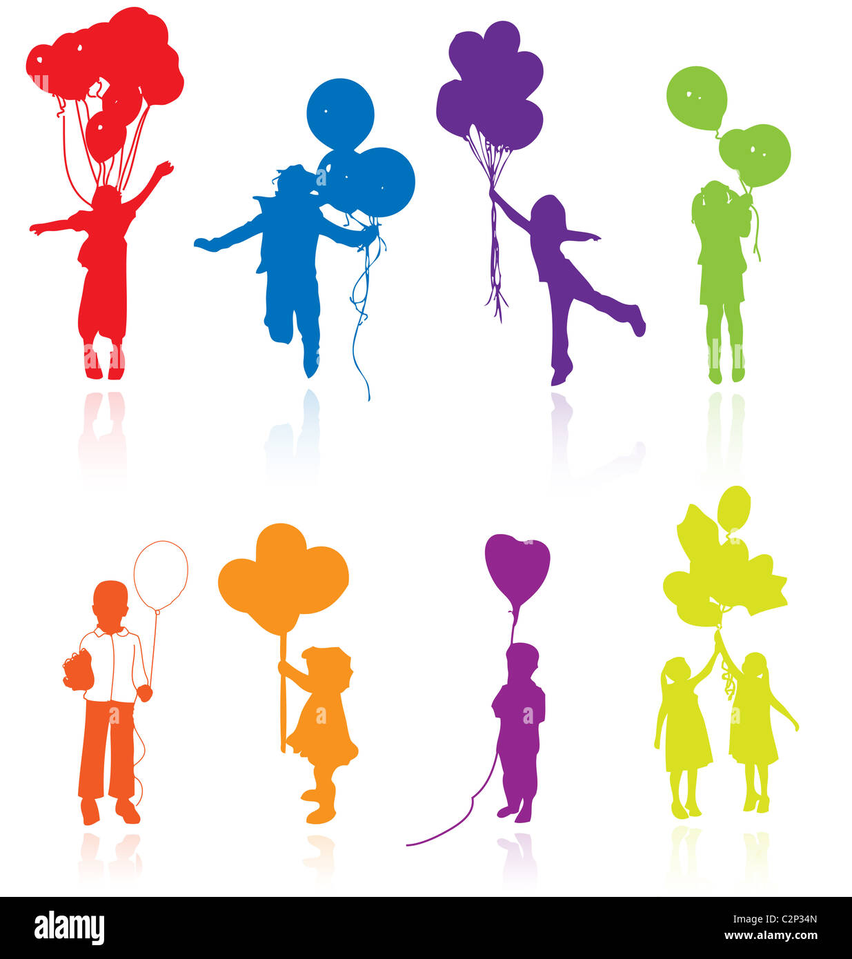 Riflettenti colorate sagome di riproduzione, saltando i bambini con  palloncini Foto stock - Alamy