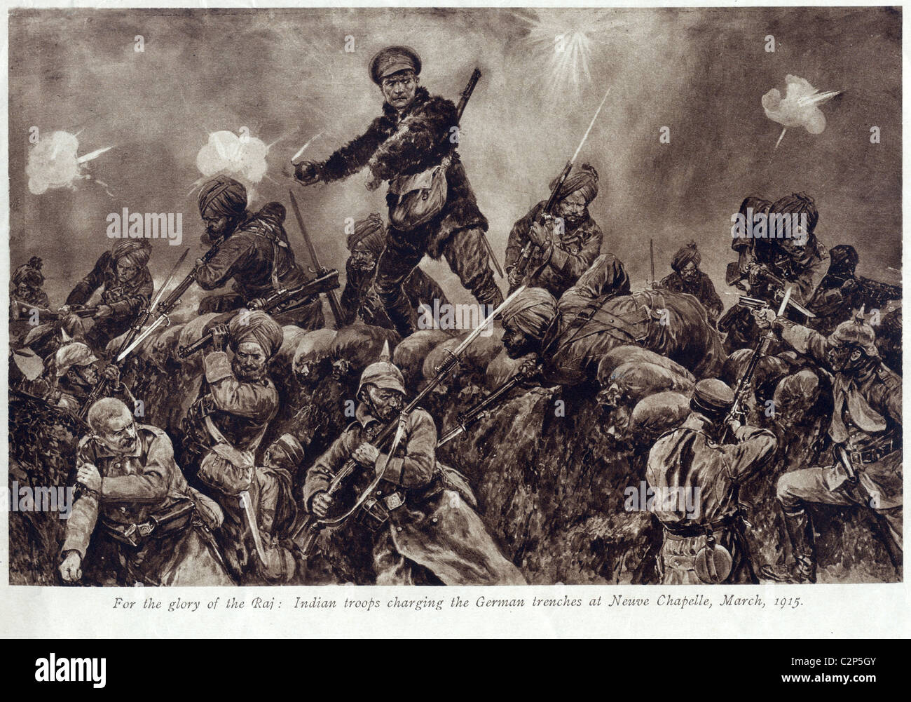 Illustrazione di un attacco da parte di truppe indiane sulle trincee tedesco WW1 Foto Stock