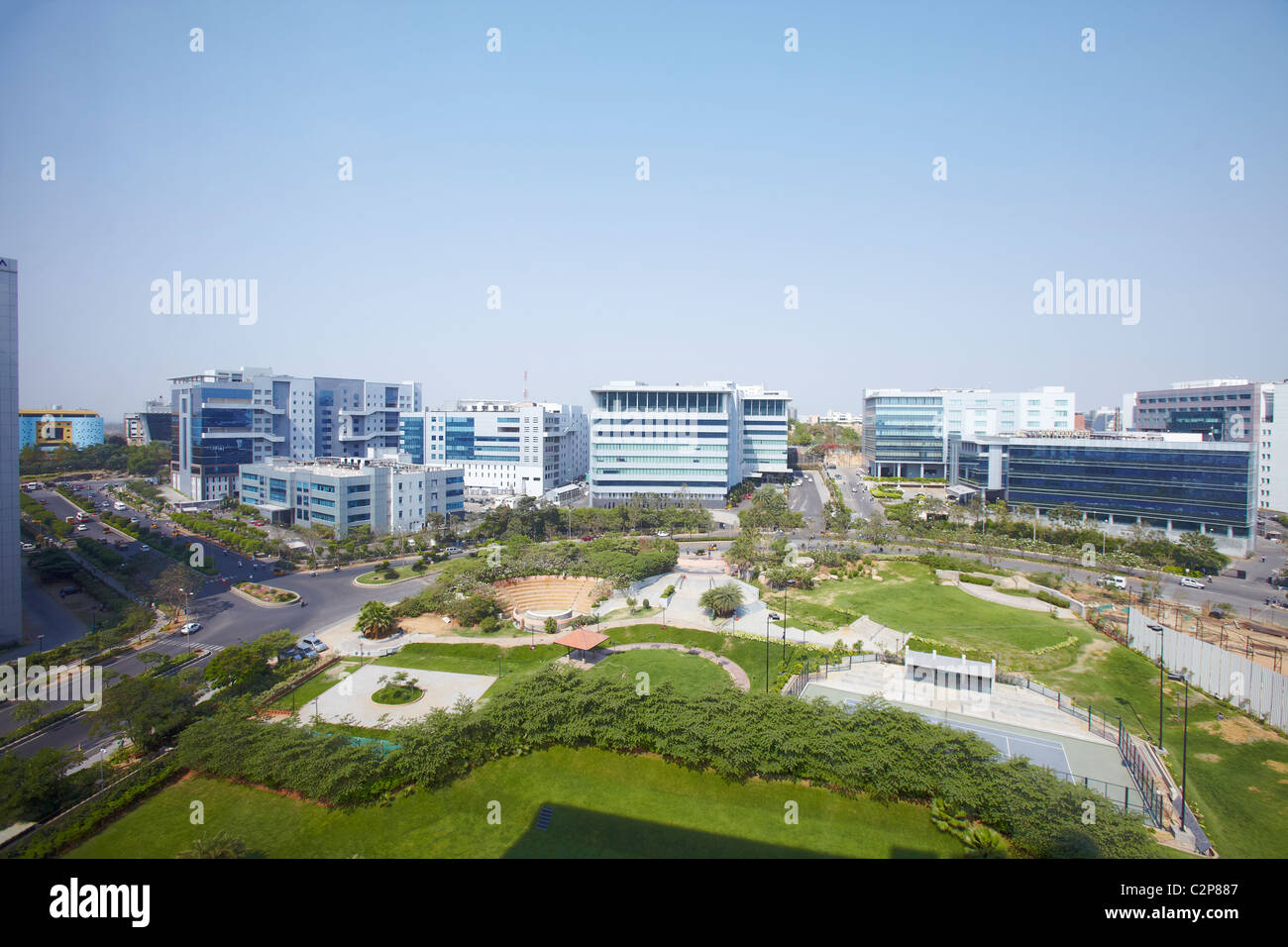 India, Hyderabad, lo sviluppo, la crescita, business, colore, colori, vibrante, street, nuovi e vecchi, Holi, finanza, denaro, vista aerea, Foto Stock