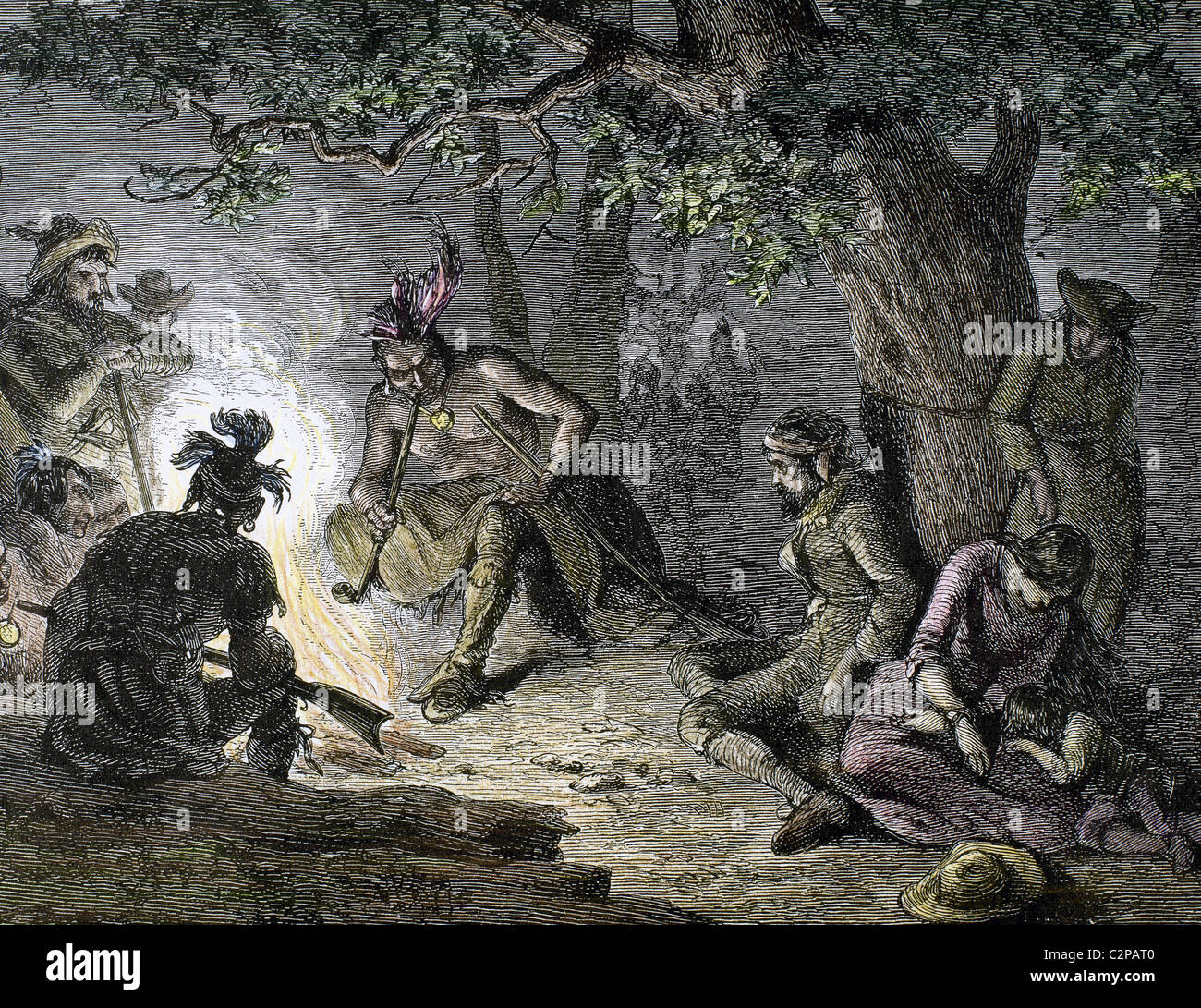 La guerra rivoluzionaria americana (1775-1783). Indiani con i loro prigionieri in Wyoming Valley. In Pennsylvania. Foto Stock