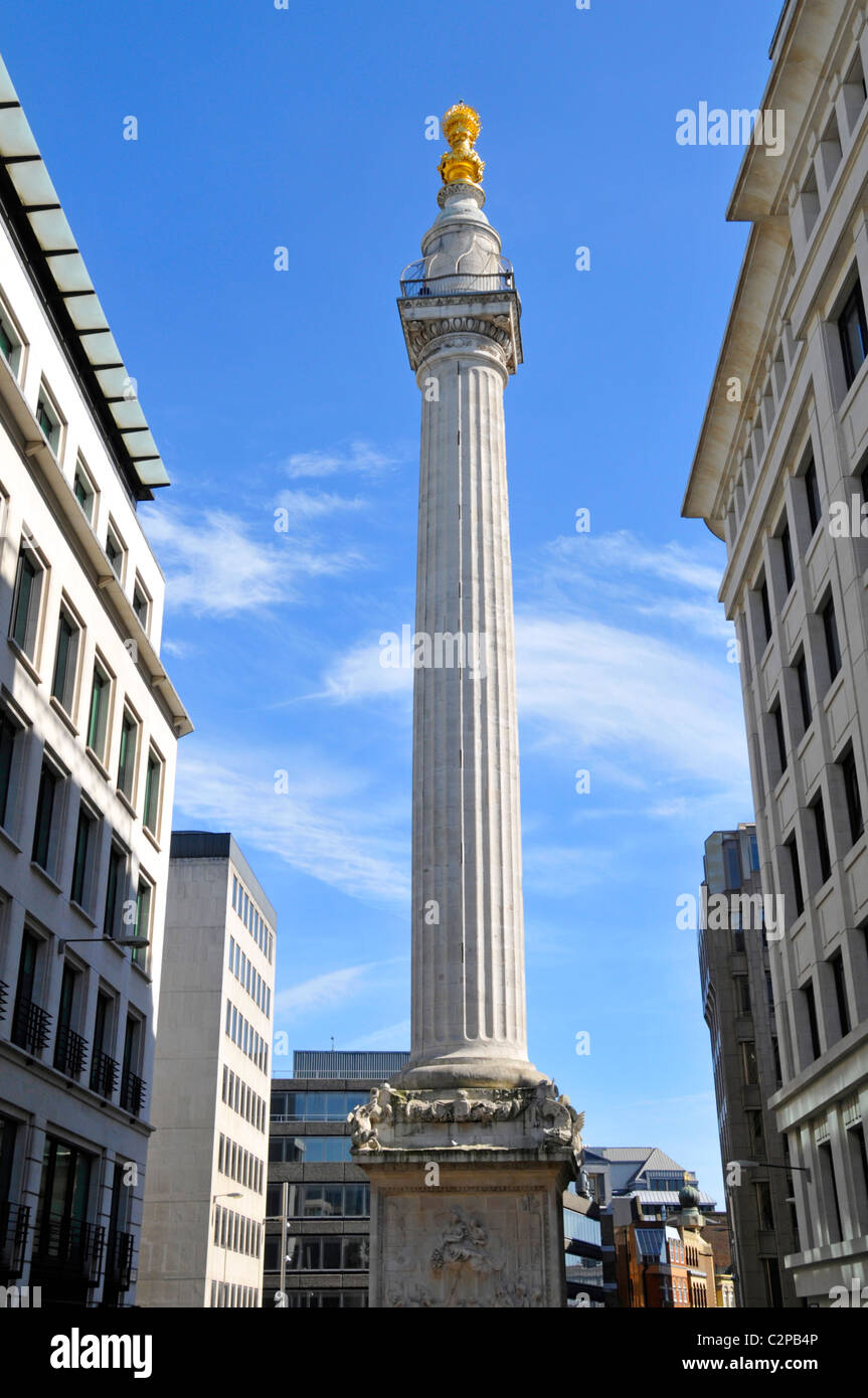 Colonna del Monumento storico e piattaforma panoramica per il grande incendio di Londra progettata da Christopher Wren City di Londra Inghilterra Regno Unito Foto Stock