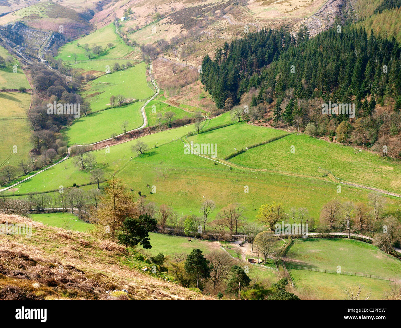 Valle Eglwyseg da Offa's Dyke percorso da Eglwyseg Mountain (Creigiau Eglwyseg) Denbighshire, Galles Foto Stock