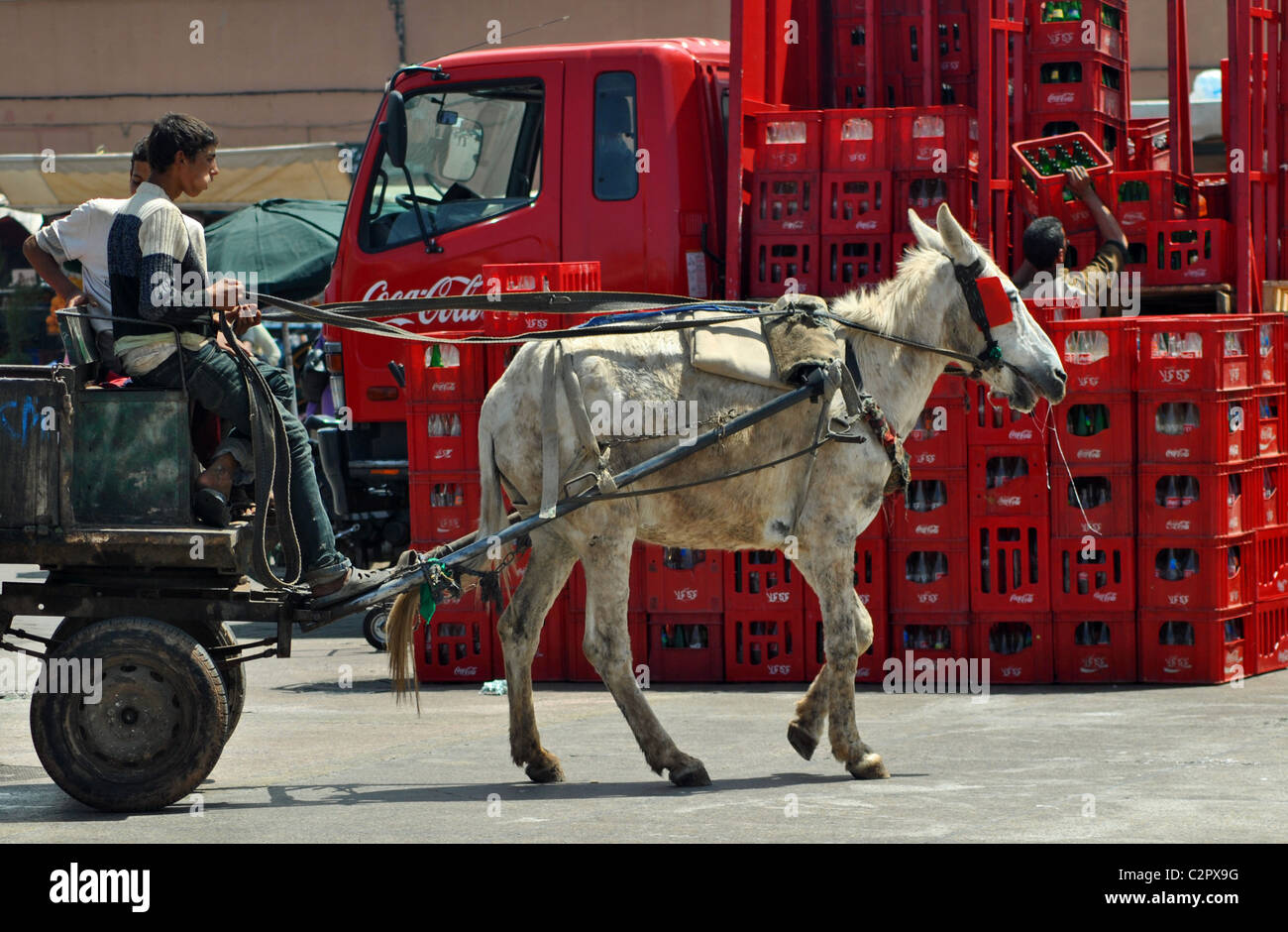 Carrello asino e Coca Cola carrello, Marrakech, Marocco Foto Stock