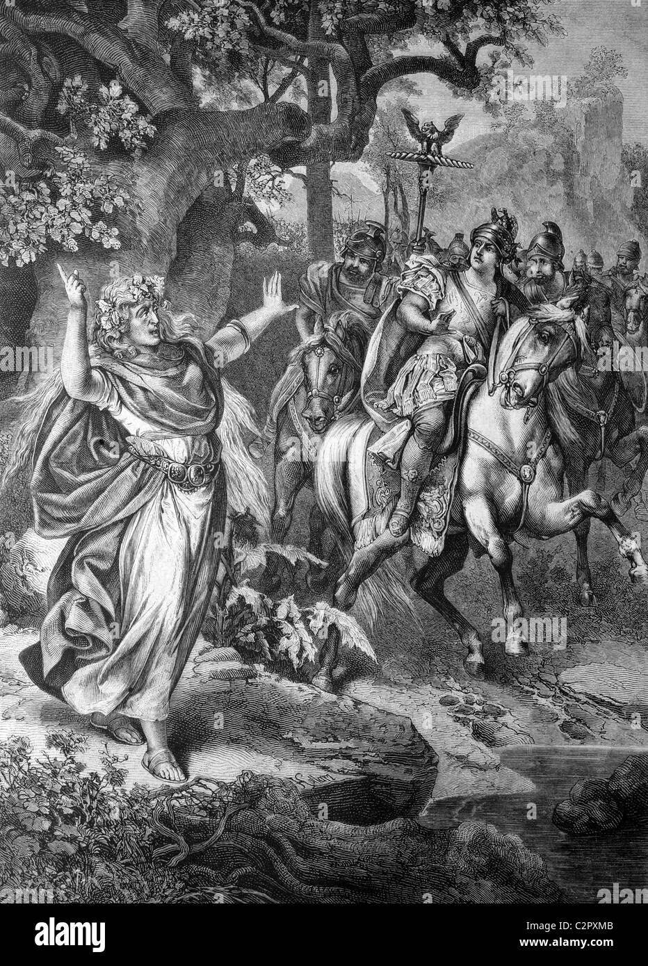 Visionario germanico ostruendo il passaggio del condottiero romano Nerone Claudio Druso, 38 BC- 9 BC, egli sta forzando il suo modo in Germania Foto Stock