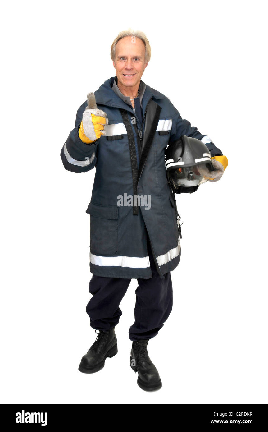Vigile del fuoco in uniforme isolato in bianco Foto Stock