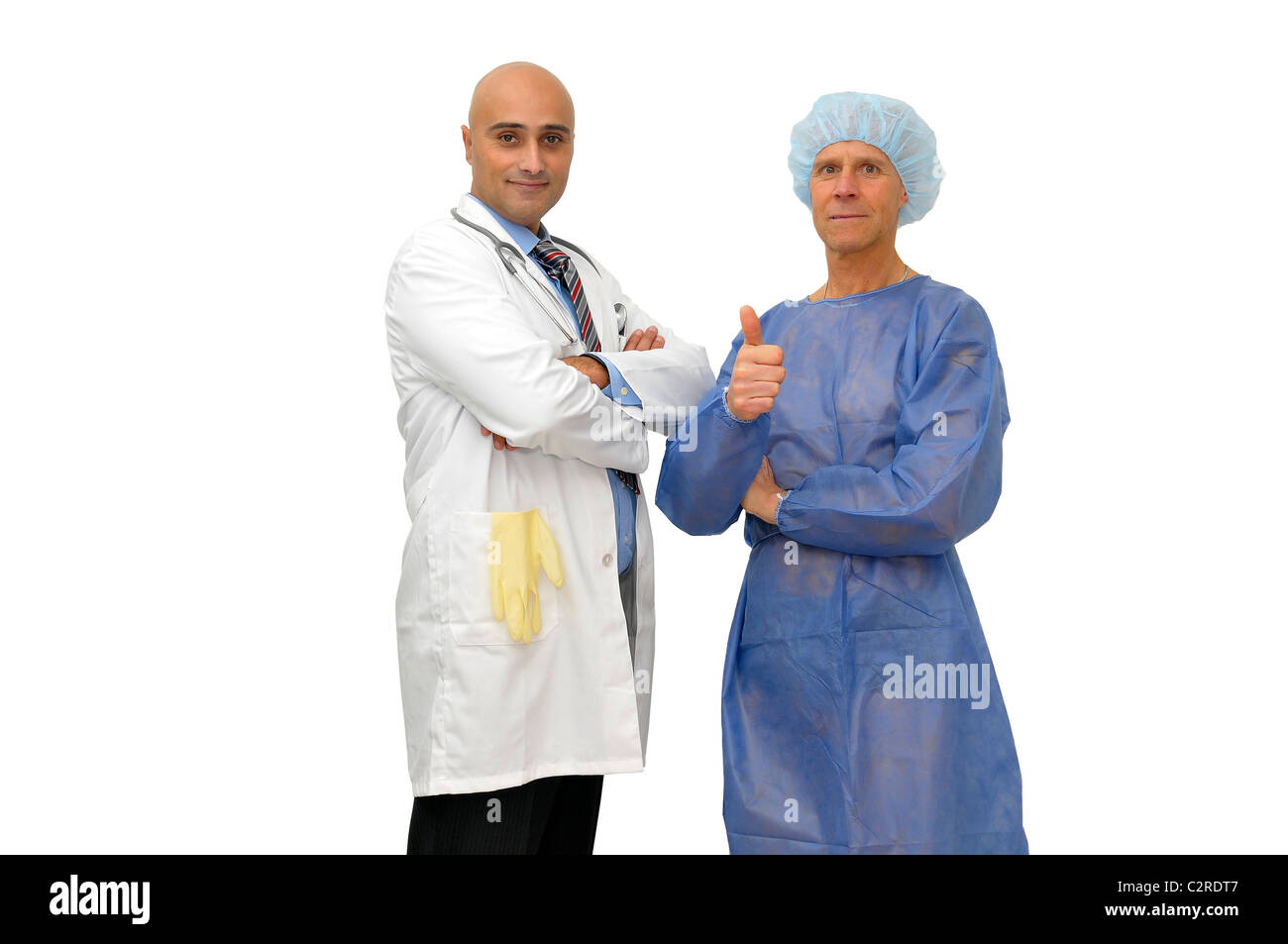 Il medico e il paziente in posa isolato in bianco Foto Stock
