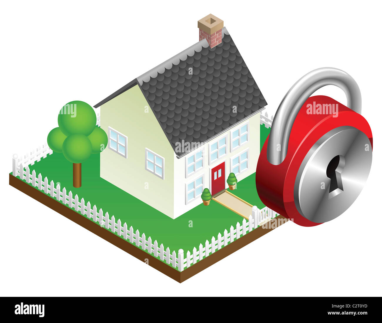 La protezione della casa il concetto di sistema, suburbane casa di famiglia e l'icona a forma di lucchetto Foto Stock