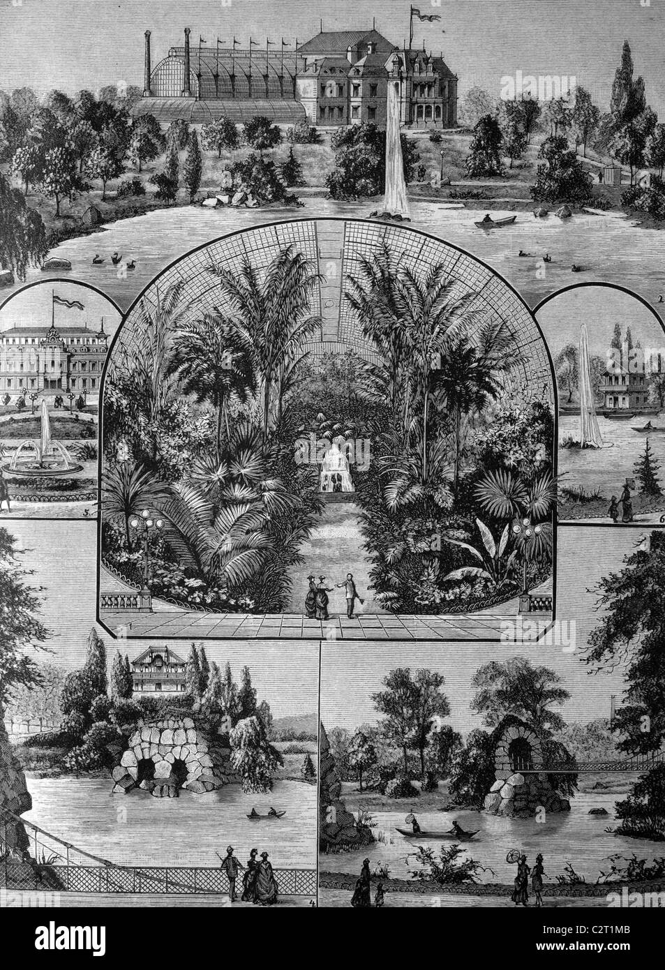 Palmengarten giardino botanico in Frankfurt am Main, Hesse, Germania, storico, illustrazione, circa 1886 Foto Stock