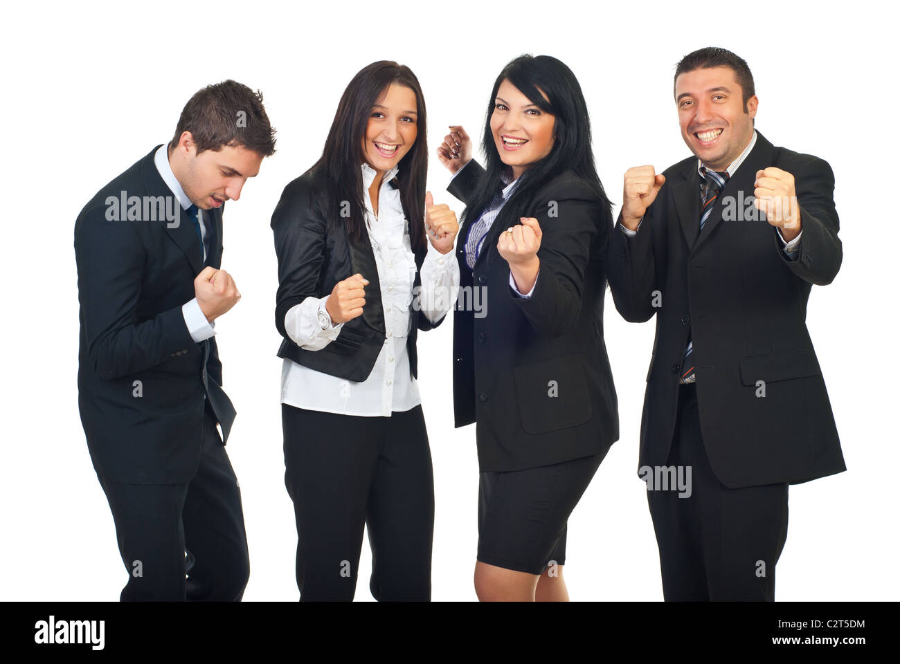 Entusiasta il team Aziende con successo nel business alzando le mani e celebrando isolati su sfondo bianco Foto Stock