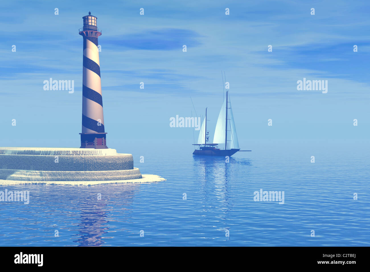 Una barca a vela passa il faro. Foto Stock