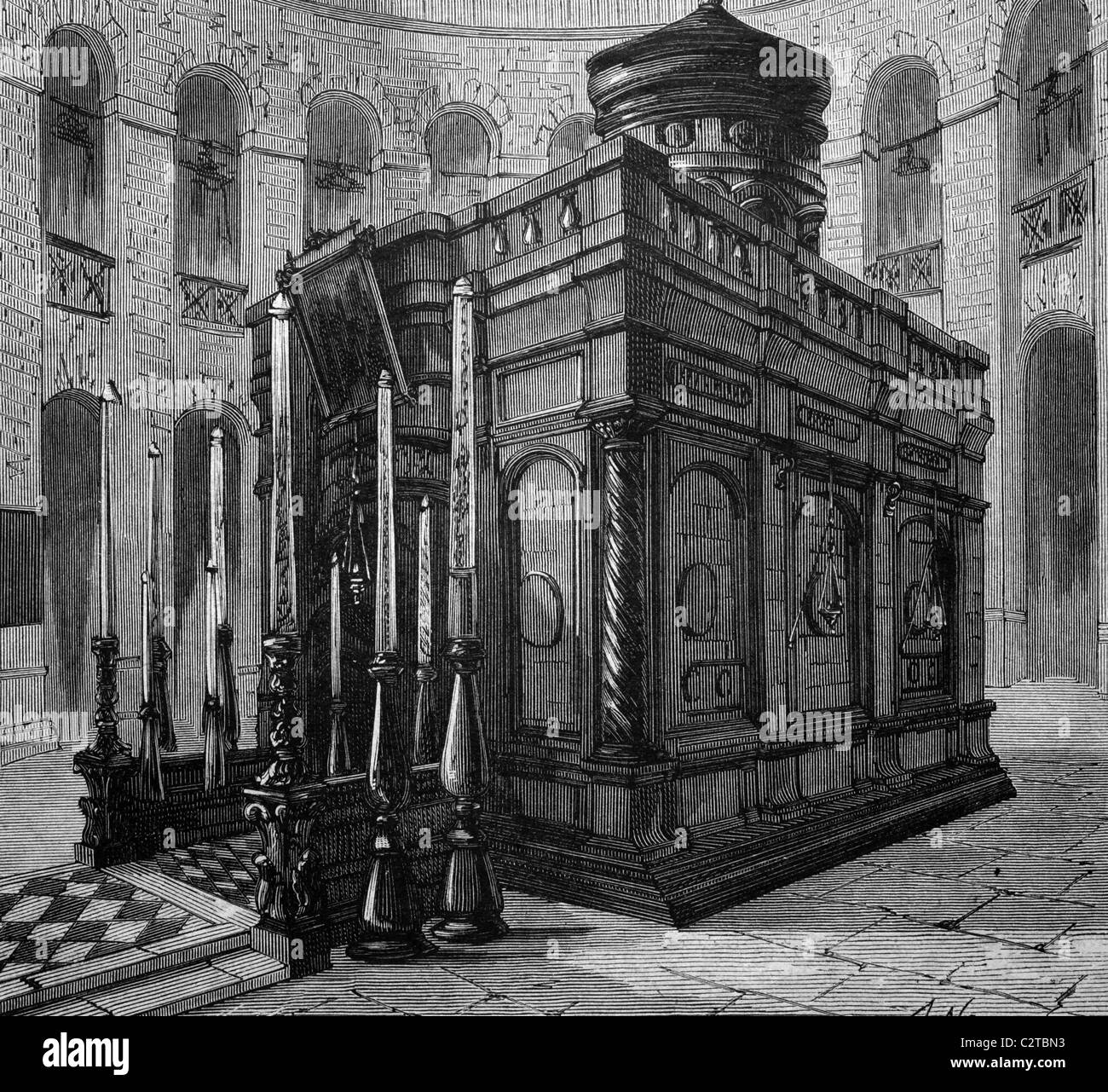 Tomba cappella nella chiesa del Santo Sepolcro di Gerusalemme, storico illustrazione, circa 1886 Foto Stock