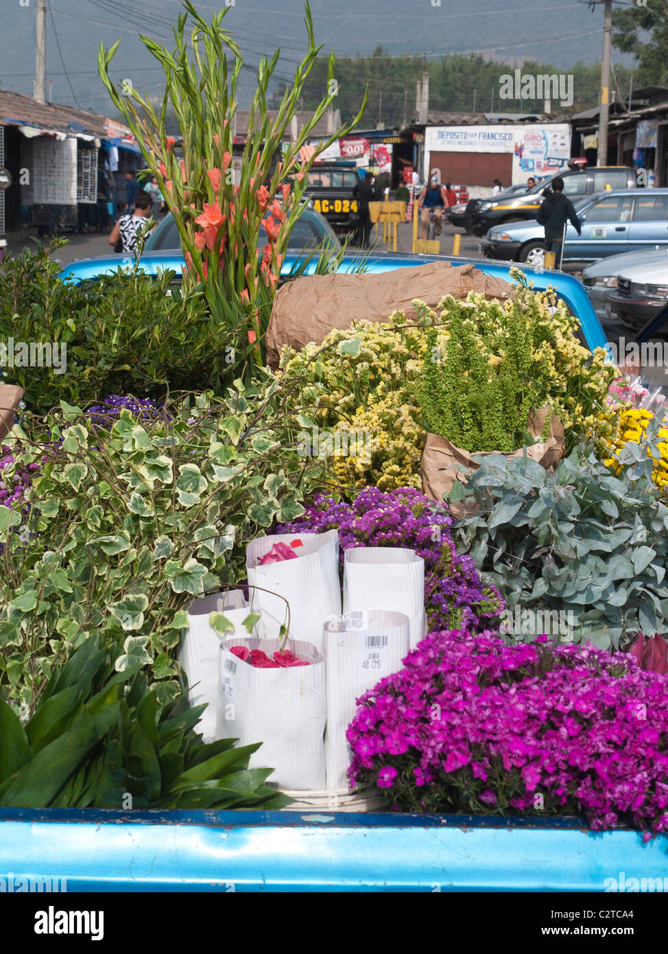 Un camioncino con un letto pieno di fiori colorati e li consegna ad un fornitore in spagnolo città coloniale di Antigua, Guatemala. Foto Stock