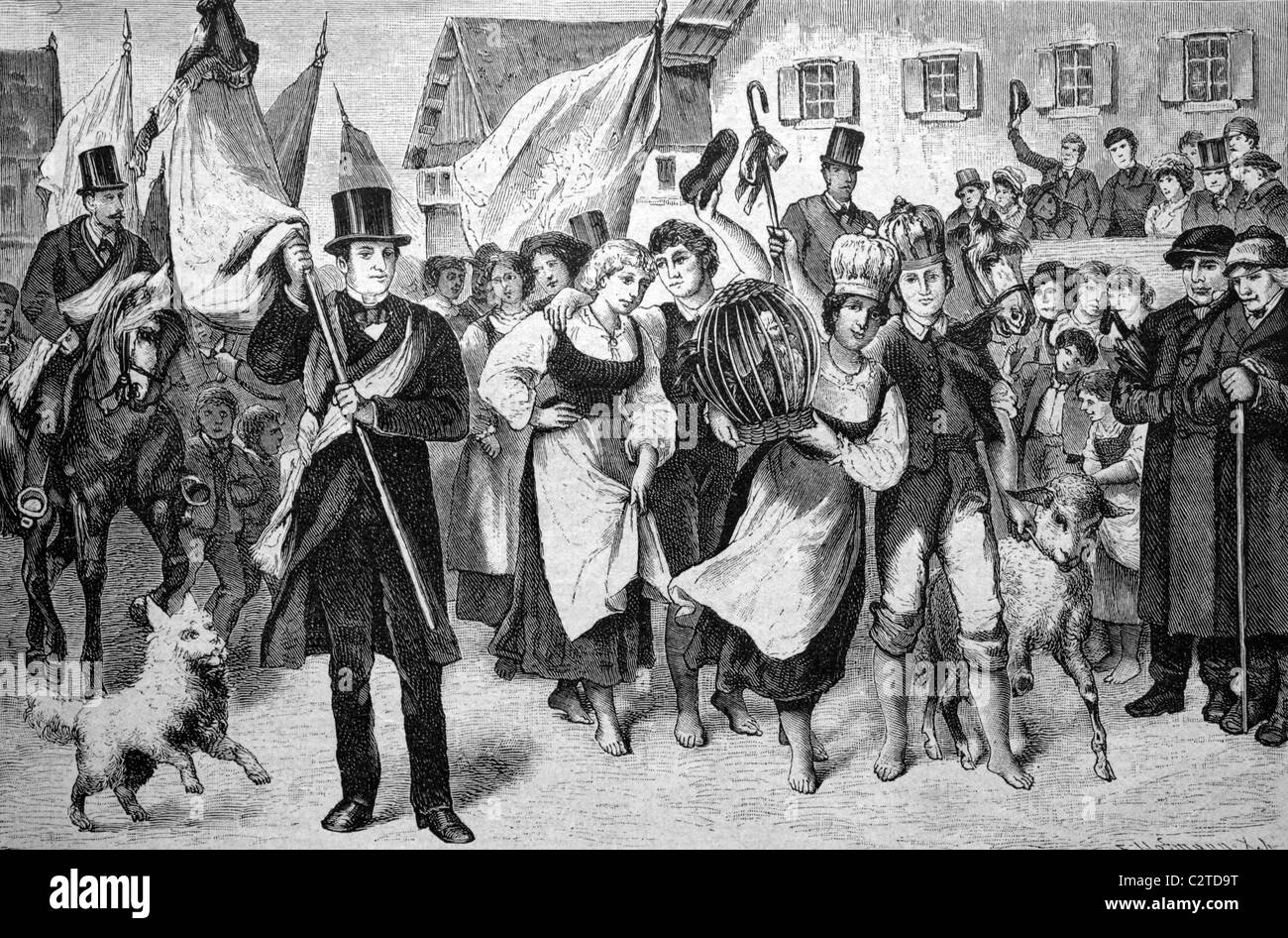 Hahnentanz, una danza con acqua equilibrato sul loro capo, annunciando il vincitore, Markgroeningen, Germania, storico illustrazione, Foto Stock